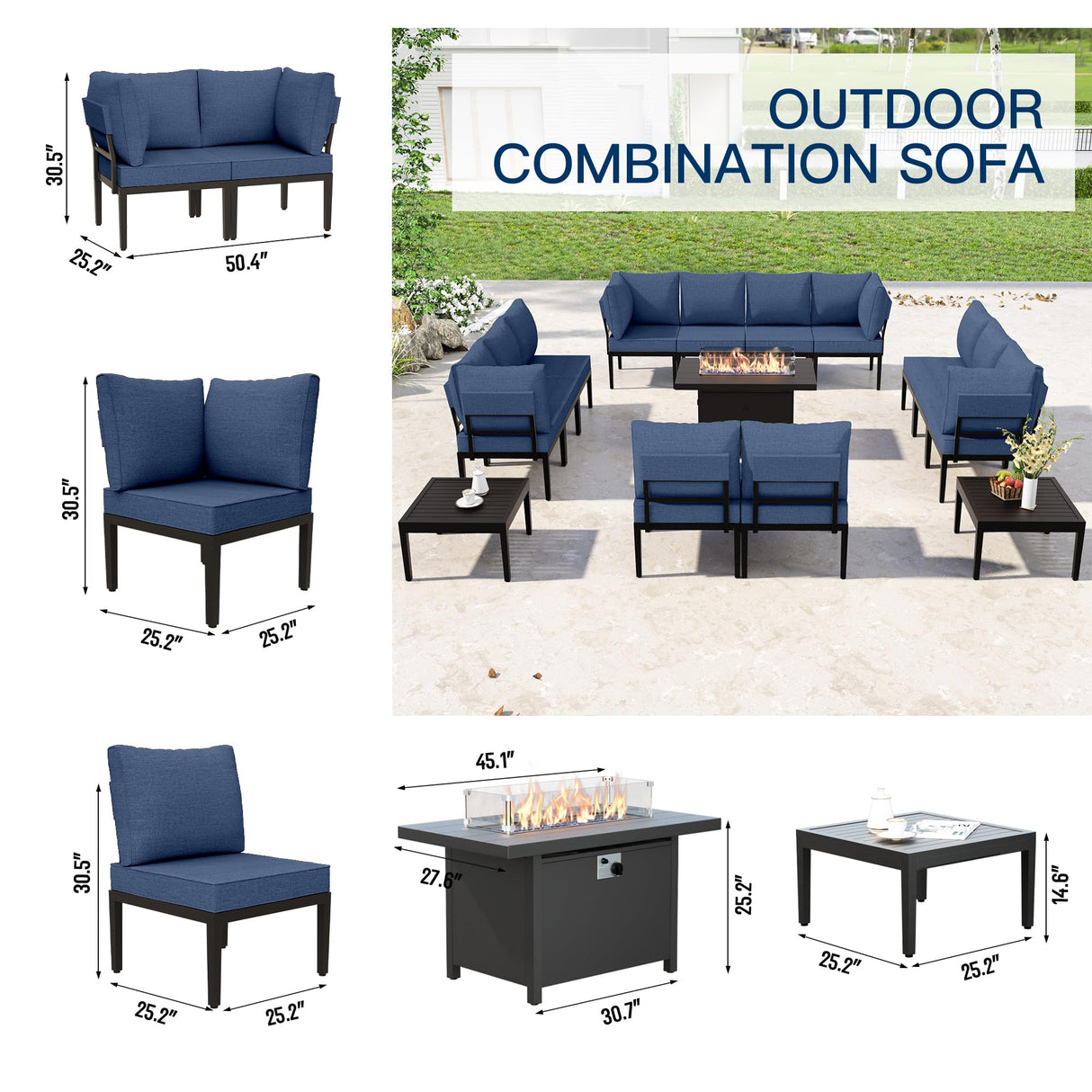 RTDTD 15 Piece Patio Furniture Set with 45" Propane Gas Fire Pit Table Metal Outdoor Patio Conversation Sectional Sofa Set with Coffee Table for Patio, Backyard, Deck(Navy) RTDTD