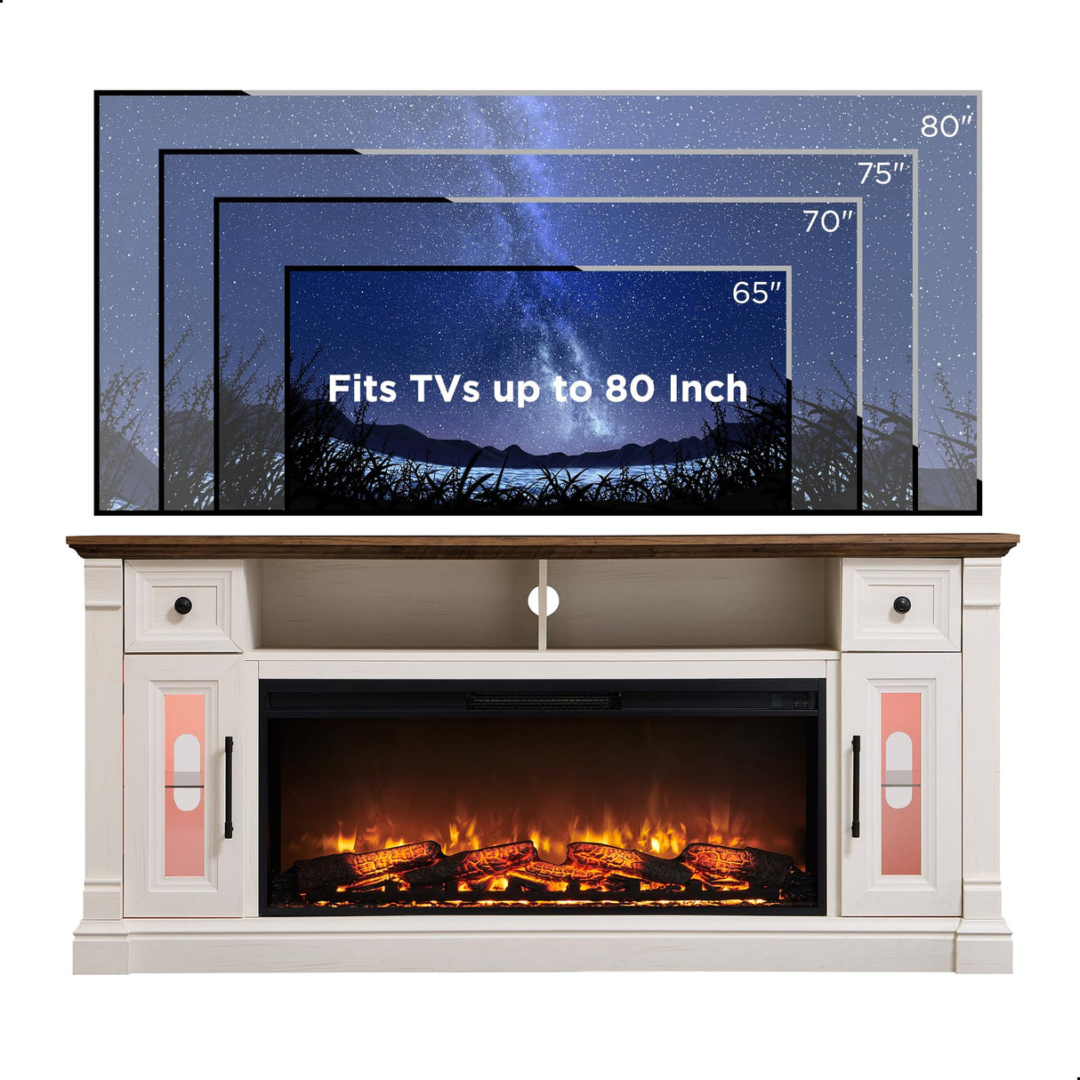 T4TREAM Farmhouse Fireplace TV Stand for 80" TV – Wood Entertainment Center with 42" Electric Fireplace, LED Lights, and Adjustable Storage for Cozy Living Room Ambiance, Antique White T4TREAM