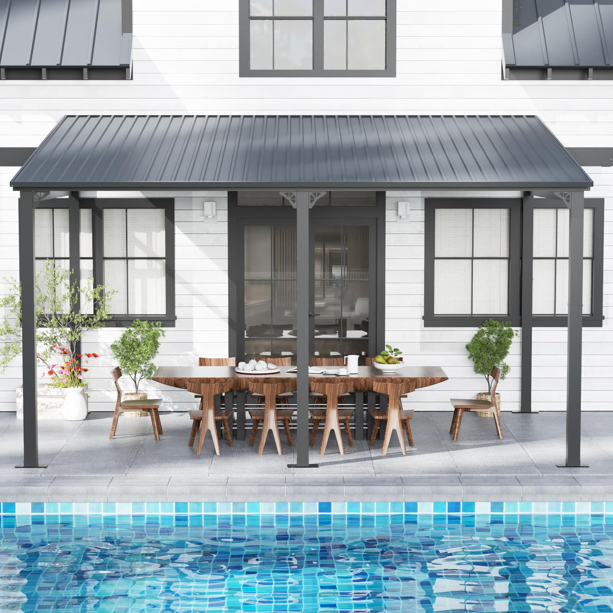 EBE 14' x 10' Hardtop Gazebo, Lean to Gazebos with Galvanized Steel Roof, Heavy Duty Outdoor Pergola and Gazebos Clearance, Wall Mounted Grill Gazebo Awning for Patio, Poch, Backyard EBE