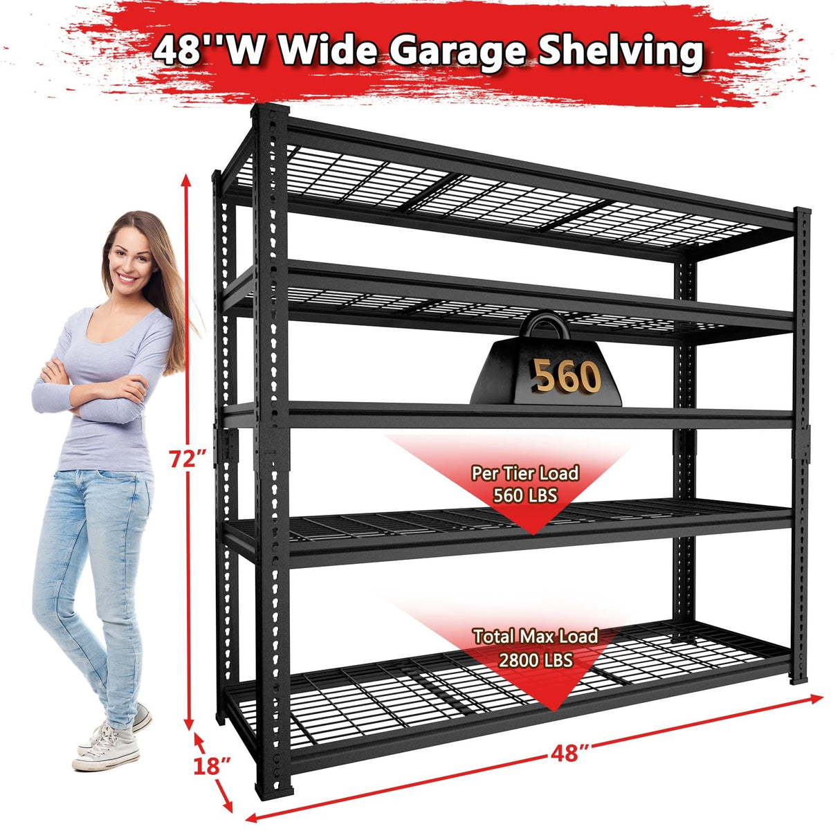 MODCART Storage Shelves 2PCS, Garage Shelving Heavy Duty 2800 LBS Capacity, 48" L x 18" W x 72" H Adjustable Metal Shelving Organizer Wire Rack, 5 Tier Utility Shelf Unit for Pantry Closet Warehouse MODCART