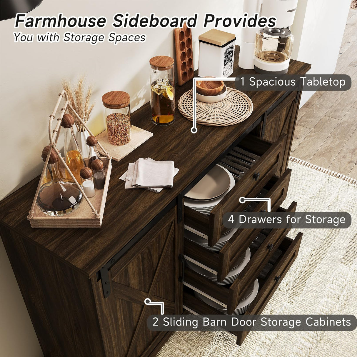 Luoxiao Sideboard Buffet Cabinet with Storage, 55 inch Farmhouse Cabinet with 4 Drawers, Sliding Barn Door, Adjustable Shelves, 32inch Tall Coffee Bar for Living Room, Kitchen, Dark Oak Luoxiao