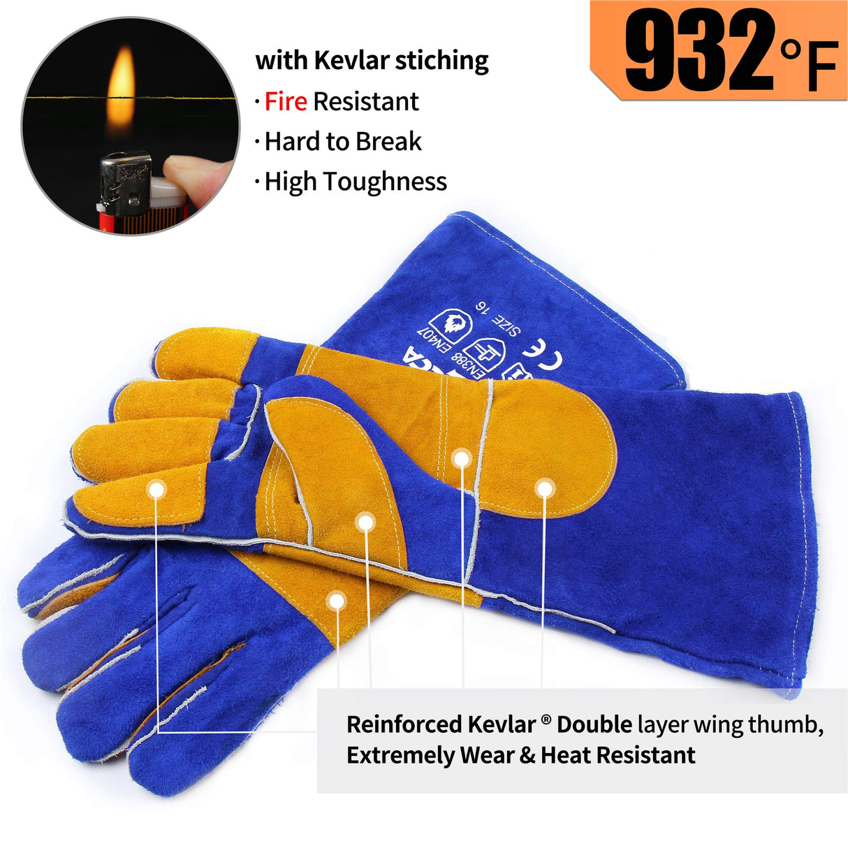 RAPICCA Welding Gloves Fire Heat Resistant: Blue 16IN 932℉ - Fireproof Leather For Stick Mig Flux-Core Welder Forge Blacksmith Fireplace Wood Stove Fire Pit Furnace Handling Dry ice - One Size RAPICCA