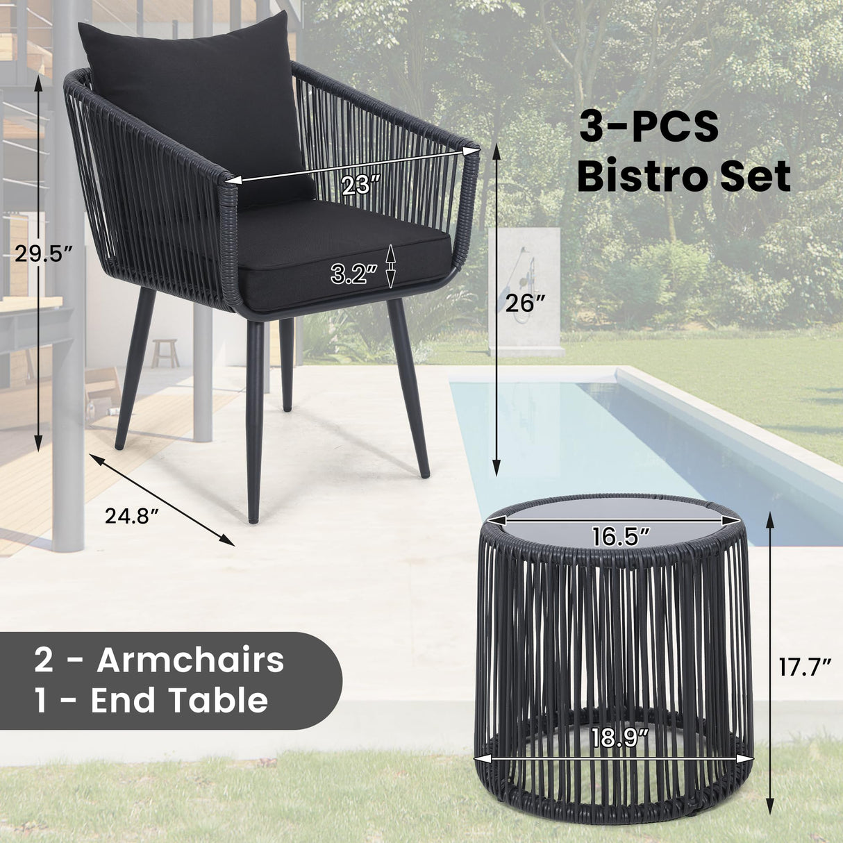 Kromax 3 Pieces Patio Rattan Bistro Conversation Set, Outdoor All-Weather Wicker Furniture Chairs and Side Table Set Ideal for Balcony, Porch and Backyard, Black Kromax
