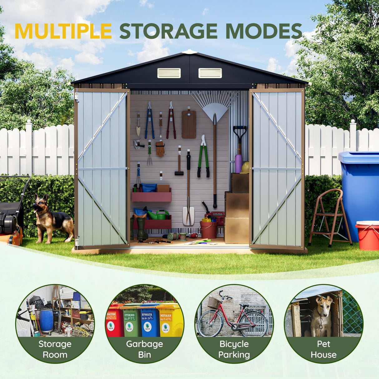 Breezz 8x6FT Outdoor Steel Storage Shed with Clear Window, Lockable Doors, Weather-Resistant Metal Tool Shed for Garden, Backyard, Patio, and Utility Storage.Brown BreezZ
