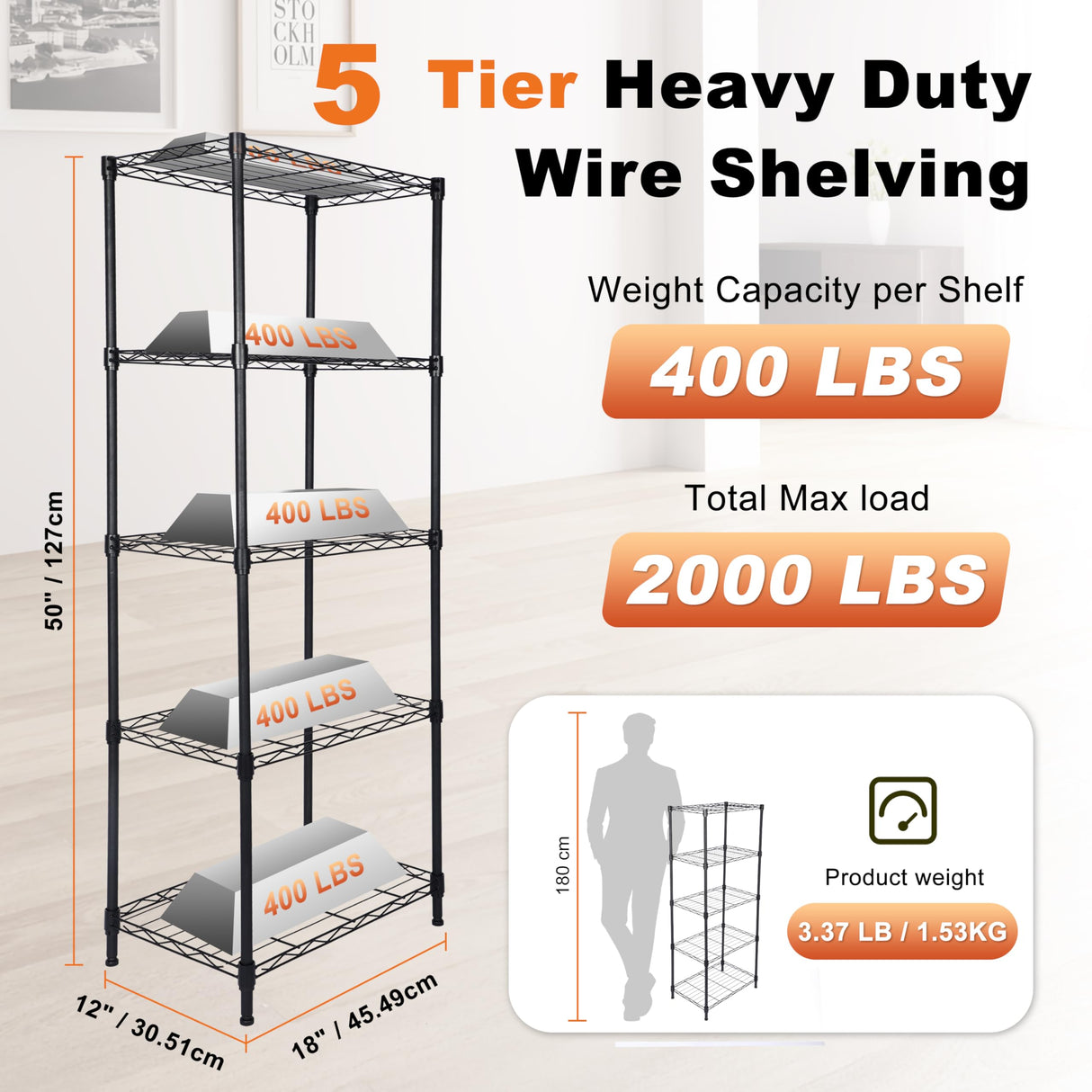 Whitmor 5 Tier Storage Shelves, Heavy Duty Metal Shelving, 400 lbs Capacity per Shelf, 2000 lbs Total, Easy Assembly for Kitchen, Garage, Plant, 18" L x 12" W x 50" H, Black Whitmor