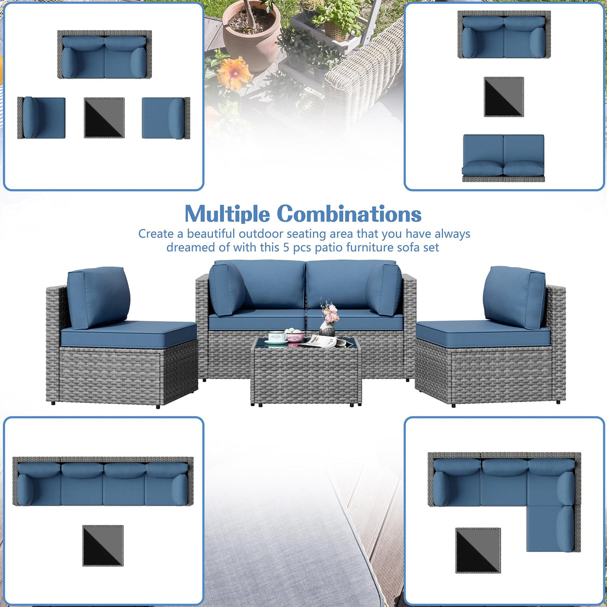 Shintenchi 5 Pieces Outdoor Patio Furniture Sets, Patio Sectional Sofa Couch, Furniture Modular Patio Conversation Sets Patio Sofa with Coffee Table (Aegean Blue) Shintenchi