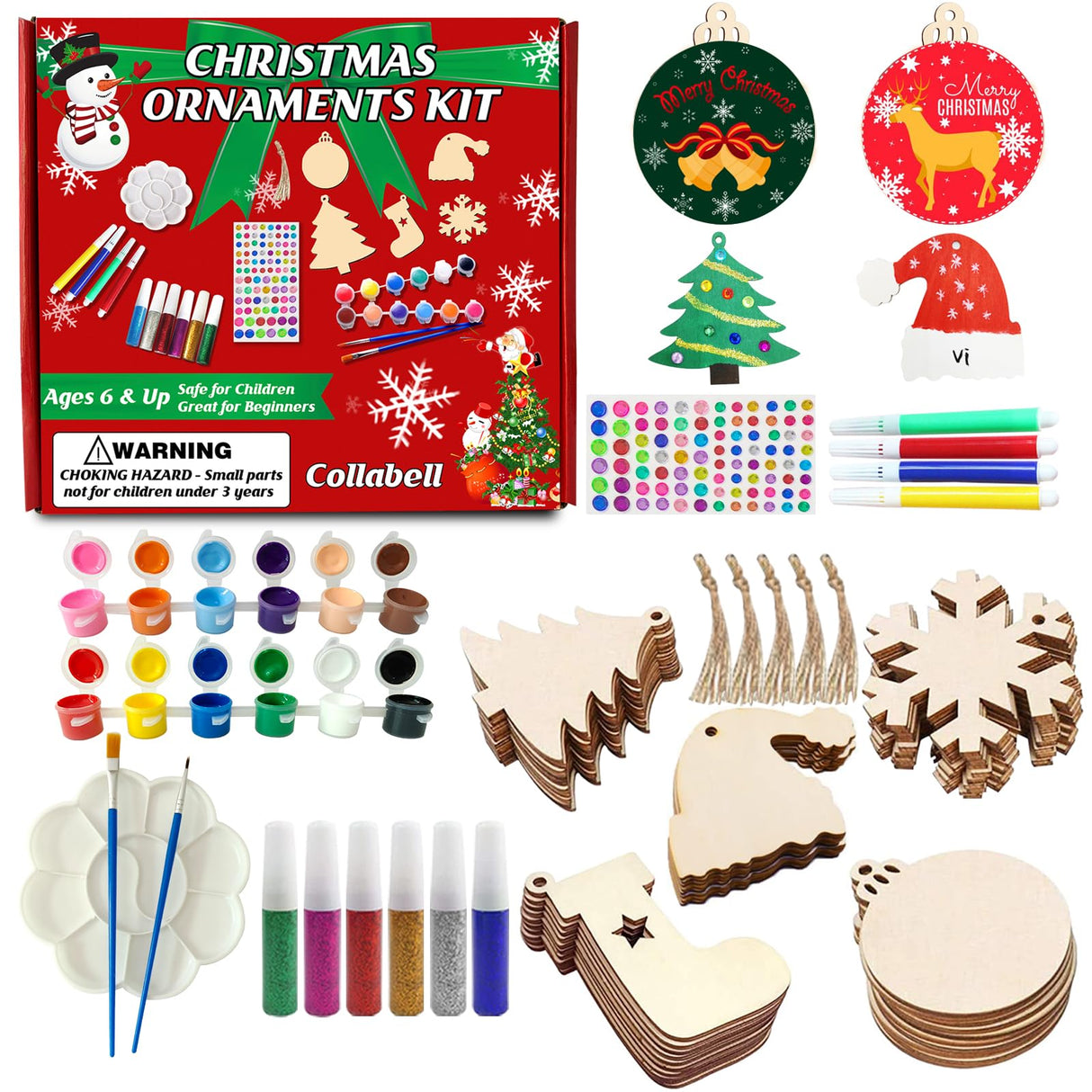 Christmas Wooden Painting Craft Kit, Paint Your Own Xmas Ornaments, Unfinished Wood Slices Christmas Crafts for Kids Adults, Art and Craft Supplies for Christmas Tree Hanging Decorations Collabell