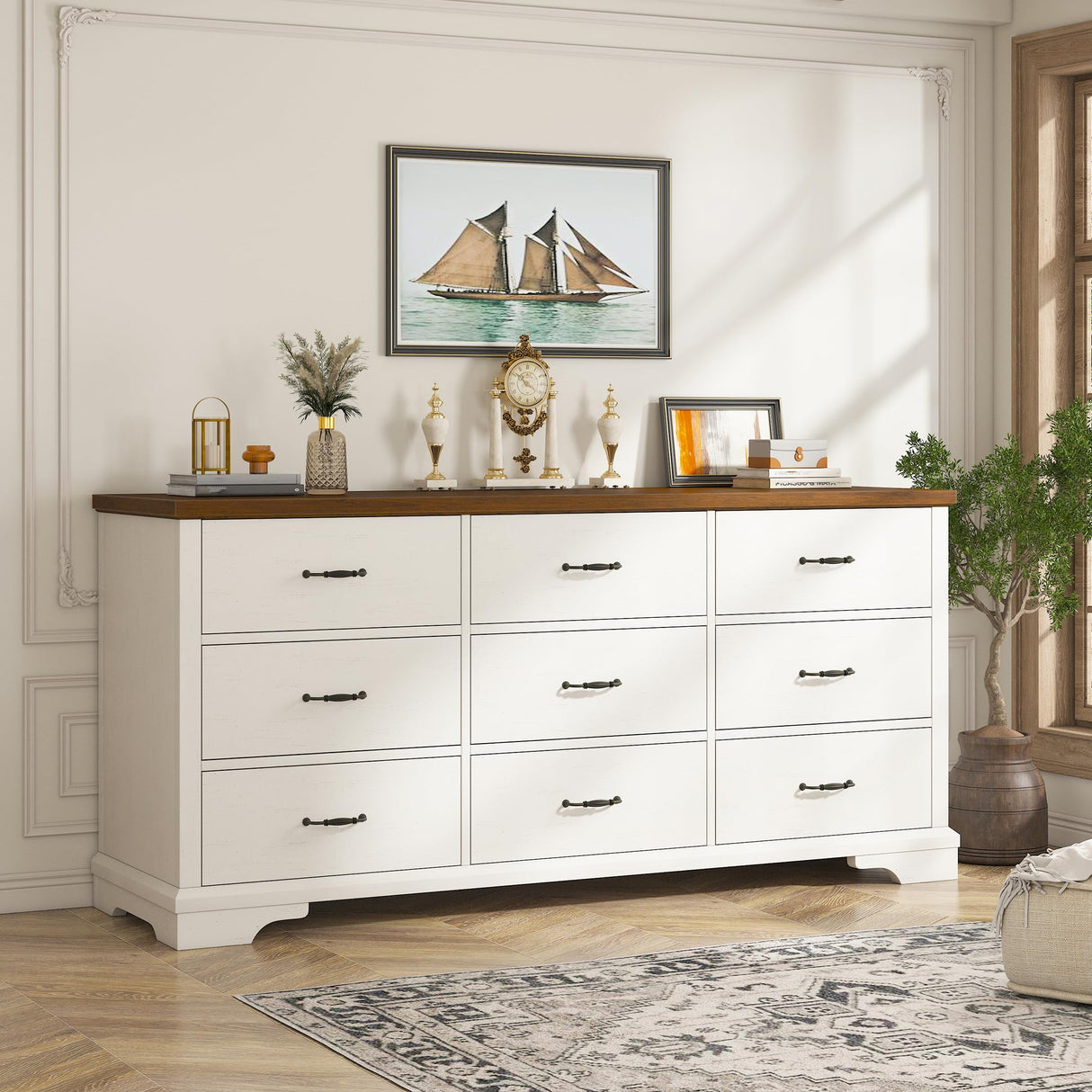 EnHomee 9 Drawers Dresser, 63" W Farmhouse Dressers for Bedroom Dressers with 9 Drawers, Solid Wood Dresser TV Stand with Large Metal Handle, Modern Wood Drawer Organizer for Closet (Antique White) EnHomee