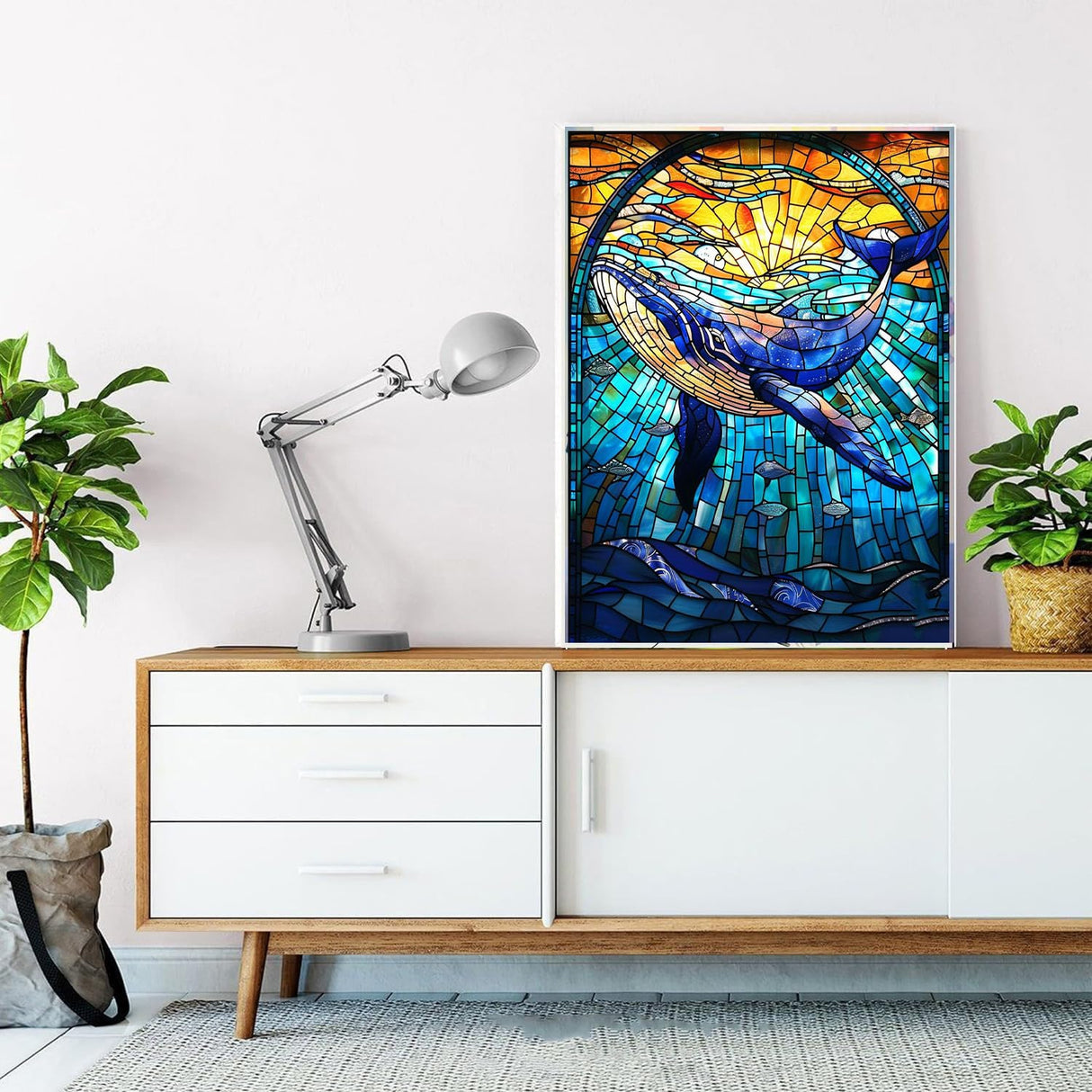 Whales Paint by Number Kits on Canvas Stained Glass Sunrise Over The Sea Painting by Number for Kids Adults Underwater World Paintwork with Acrylic Pigment for Home Decor 16 x 20 inch (with Frame) Generic