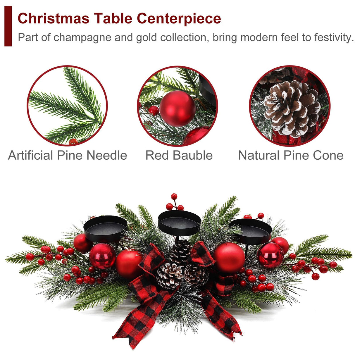 27.5-Inch Christmas Table Centerpiece with Candle Holders, Red Berries, and Pine Cones BAYN