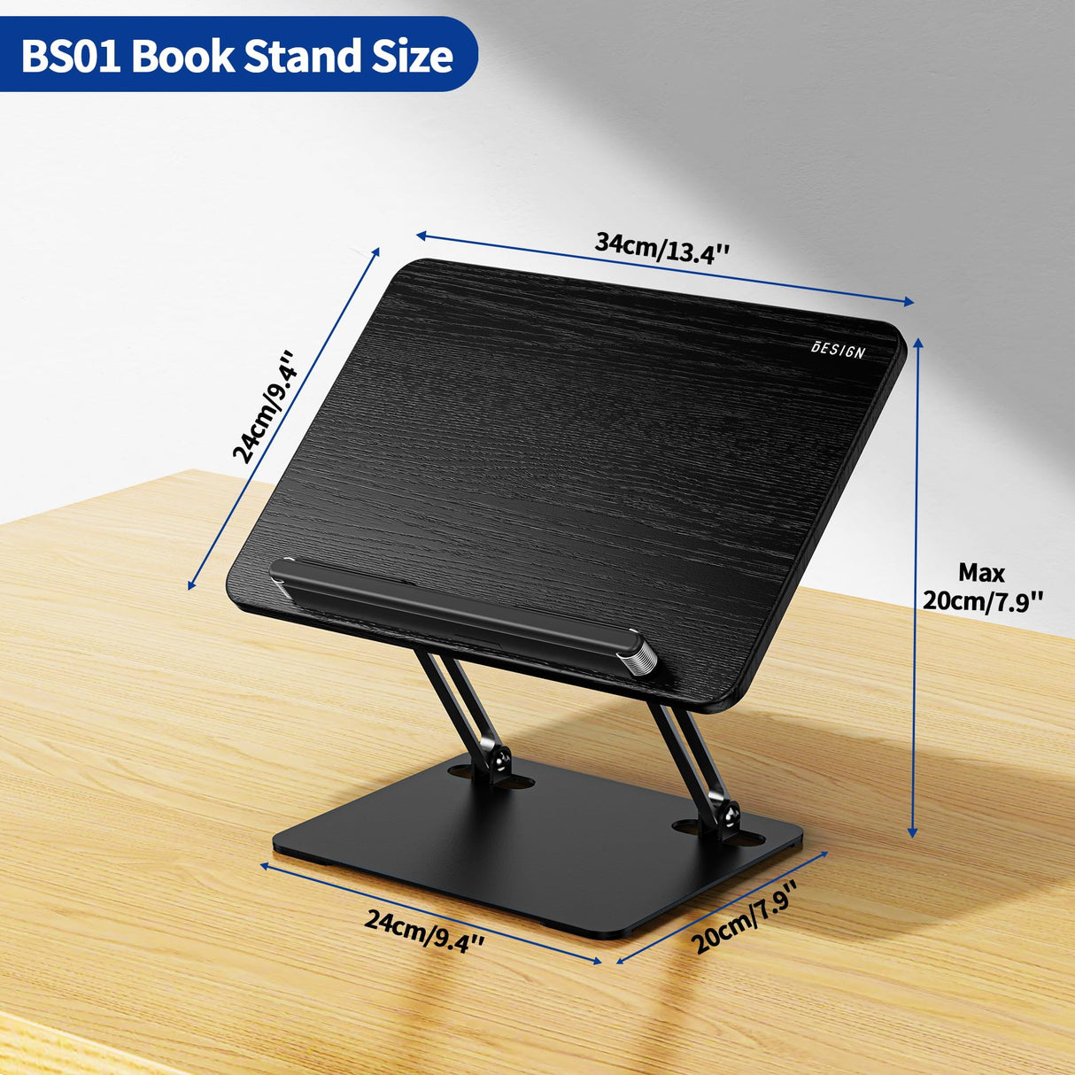 BESIGN BS01 Book Stand for Reading, Adjustable Book Holder, Ergonomic Laptop Stand with Elastic Page Clips for Music Scores, Recipe, Tablet, Laptop (Black) BESIGN