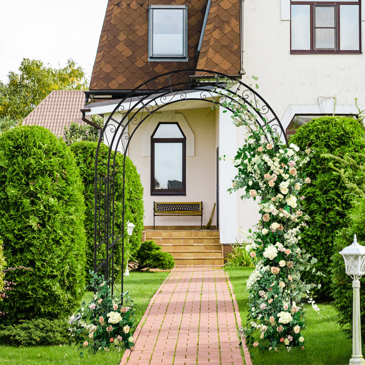 WISLAS 7FT Heavy Duty Steel Garden Arbor with Side Garden Trellis, Rust-Resistant Powder Coated Wedding Arch Archway for Backyard, Vine Plants & Outdoor Decor - Includes Ground Stakes & Easy Assembly WISLAS