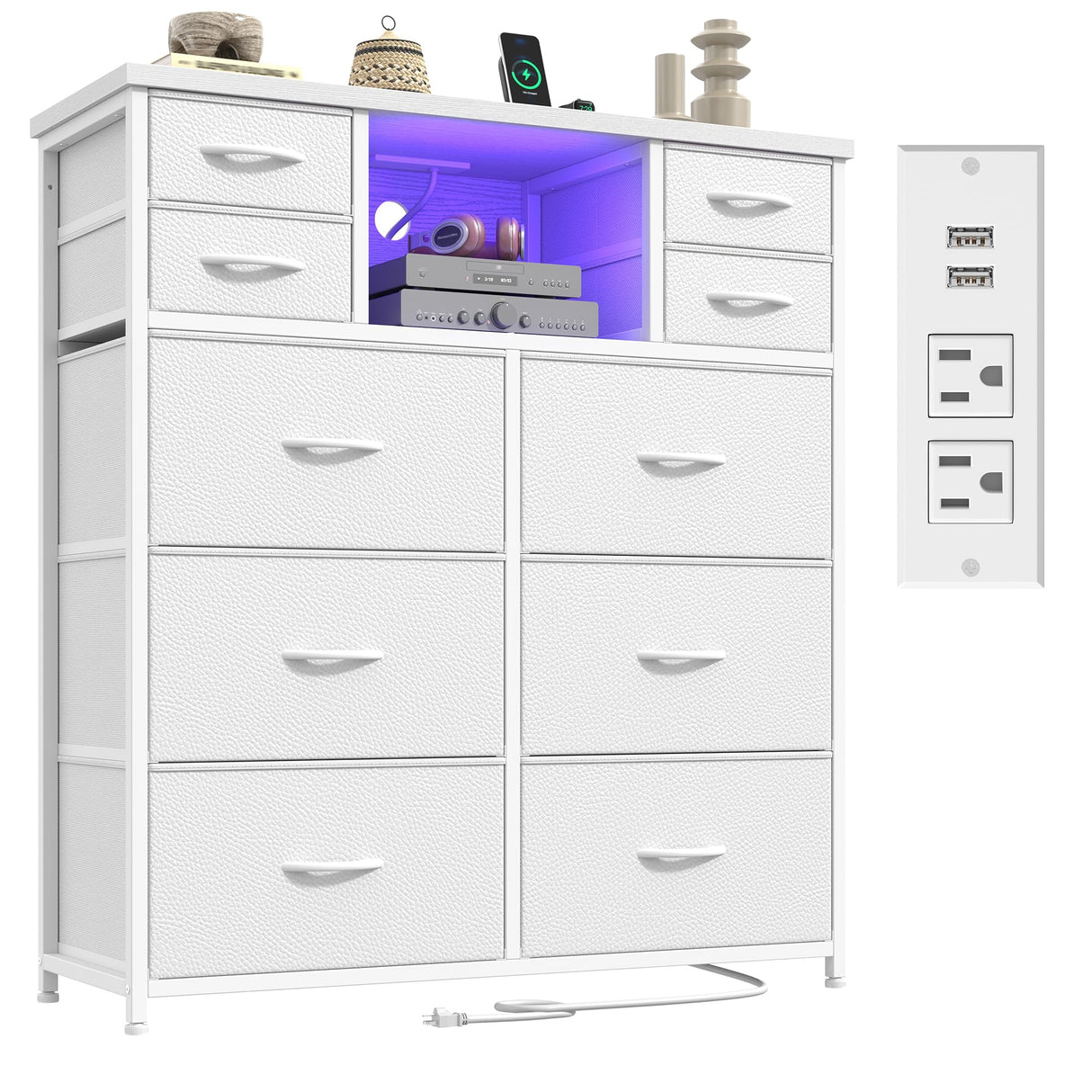 White Dresser for Bedroom with 10 Fabric Drawers,Organizer Unit with LED Light & Charging Station,Sturdy Chest of Drawers with 2 Open Shelves for Hallway,Living Room 11.8"D x 35.4"W x 39.4"H DurayLoly