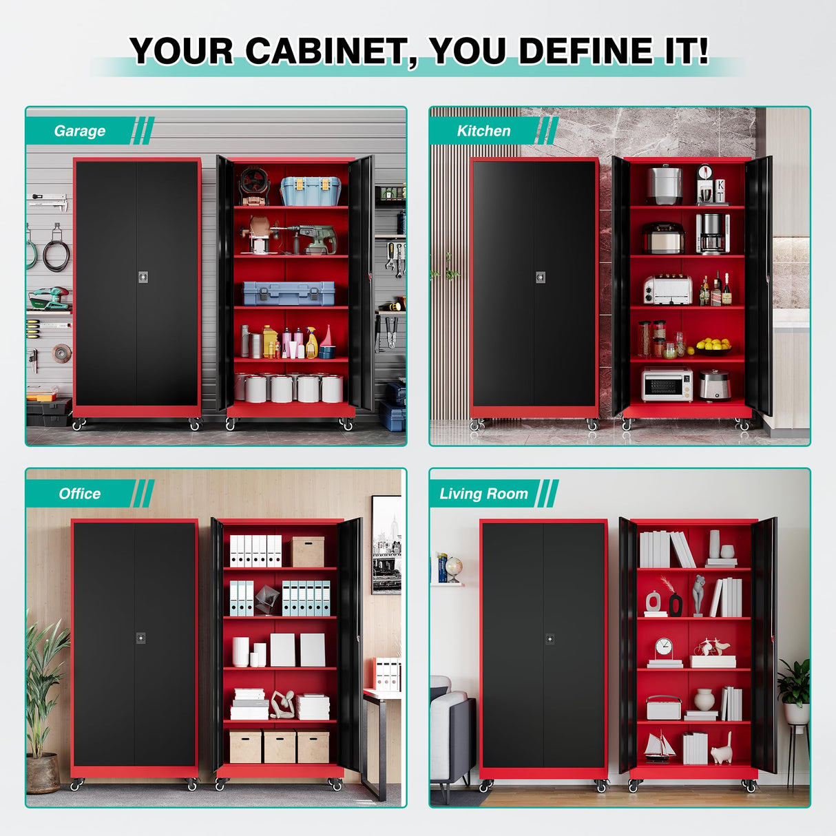 SISESOL Metal Storage Cabinet with Wheels,Rolling Garage Storage Cabinet with Lock,Red Metal Cabinet on Wheels,Tall Tool Storage Cabinet on Wheels for Garage,Home,Office,Shop SISESOL