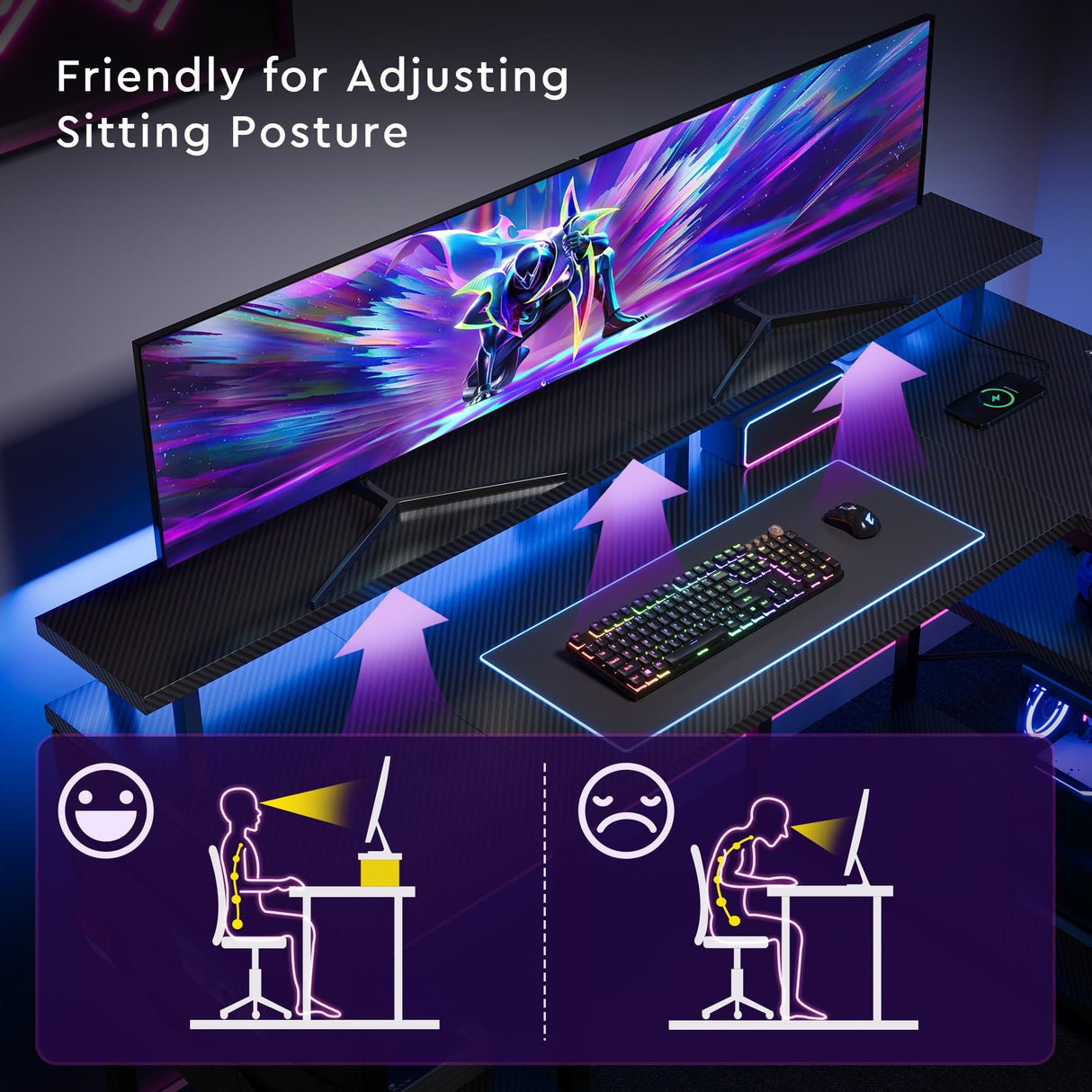 Maihail 51 inch L Shaped Desk with LED Lights & Power Outlets, Reversible Gaming Desk with Shelves & Monitor Stand, Computer Desk with Storage Side Bag,Corner Desk for for Bedroom Gaming Room, Black. Maihail