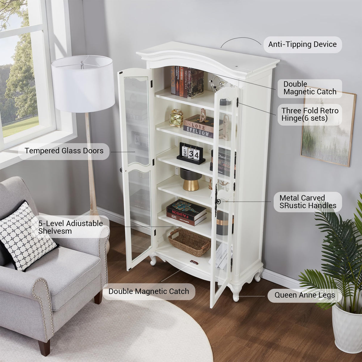 Farmhouse Arched Display Cabinet Bookcase Bookshelf with Glass Doors and Adjustable Shelves, 72" Tall 6 Tiers French Country-Inspired Wooden Curio Cabinet for Living Room, Office (Antique White) ZESTO PASSION FOR LIVE