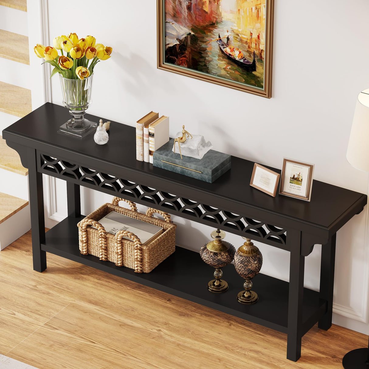 Tribesigns 70.8-Inch Solid Wood Long Console Table, Farmhouse Entryway Table with Storage, Narrow Sofa Table Grey Couch Table for Living Room Entryway Hallway (Black) Tribesigns