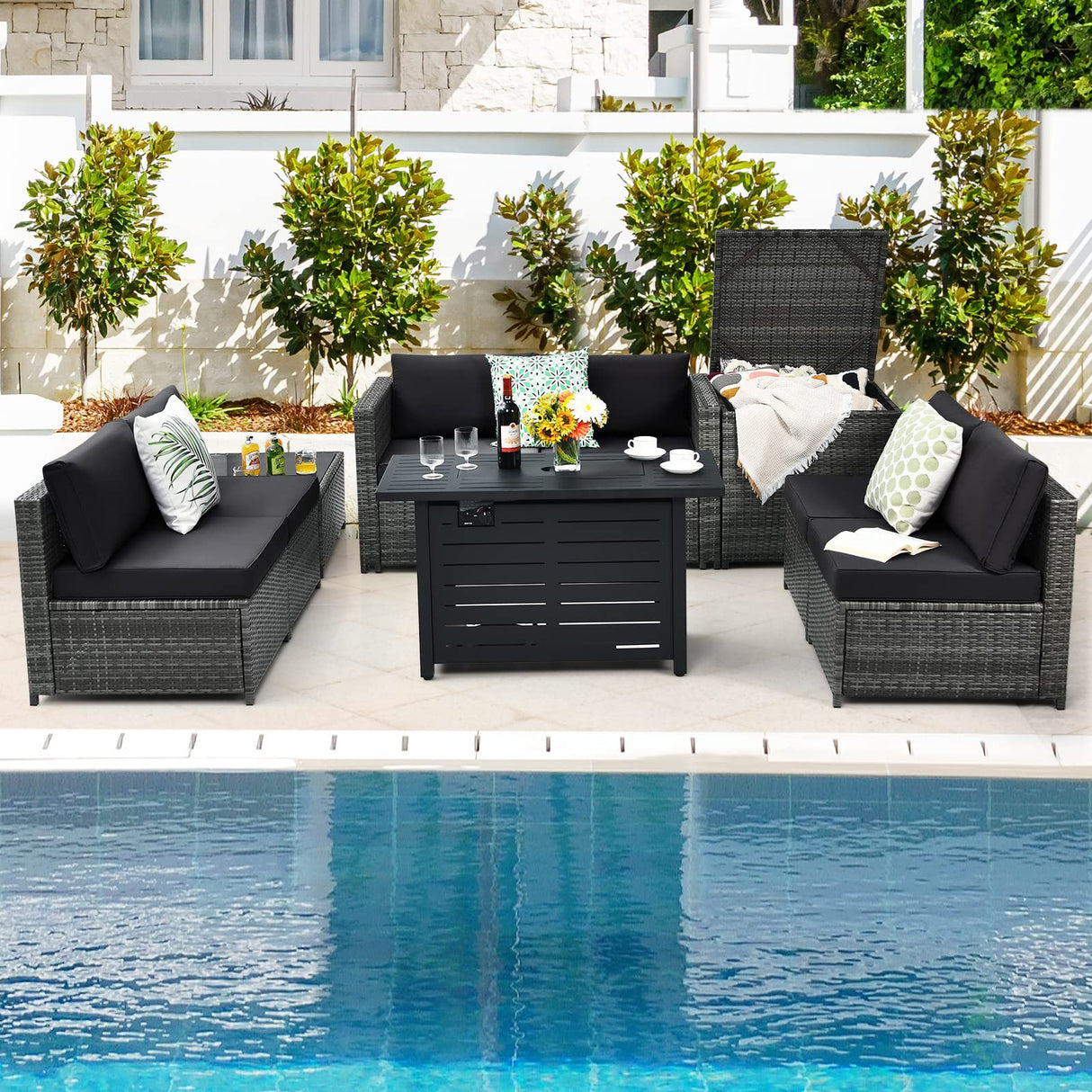 Tangkula 9 Pieces Patio Rattan Furniture Set, Patiojoy Sectional Sofa Set w/Storage Box, Coffee Table, Outdoor Wicker Conversation Set w/ 42” ETL Approved Propane Fire Pit Table (Black) Tangkula