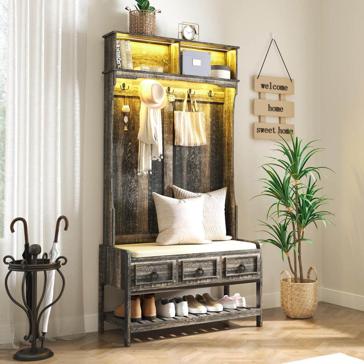 Gurexl 67” Farmhouse Hall Tree with Shoe Storage, Auto Sensor Wood Coat Tree with LED Lights, 3-in-1 Entryway Bench with Coat Rack, Hooks and Drawers for Hallway, Living Room (Dark Rustic Oak) Gurexl