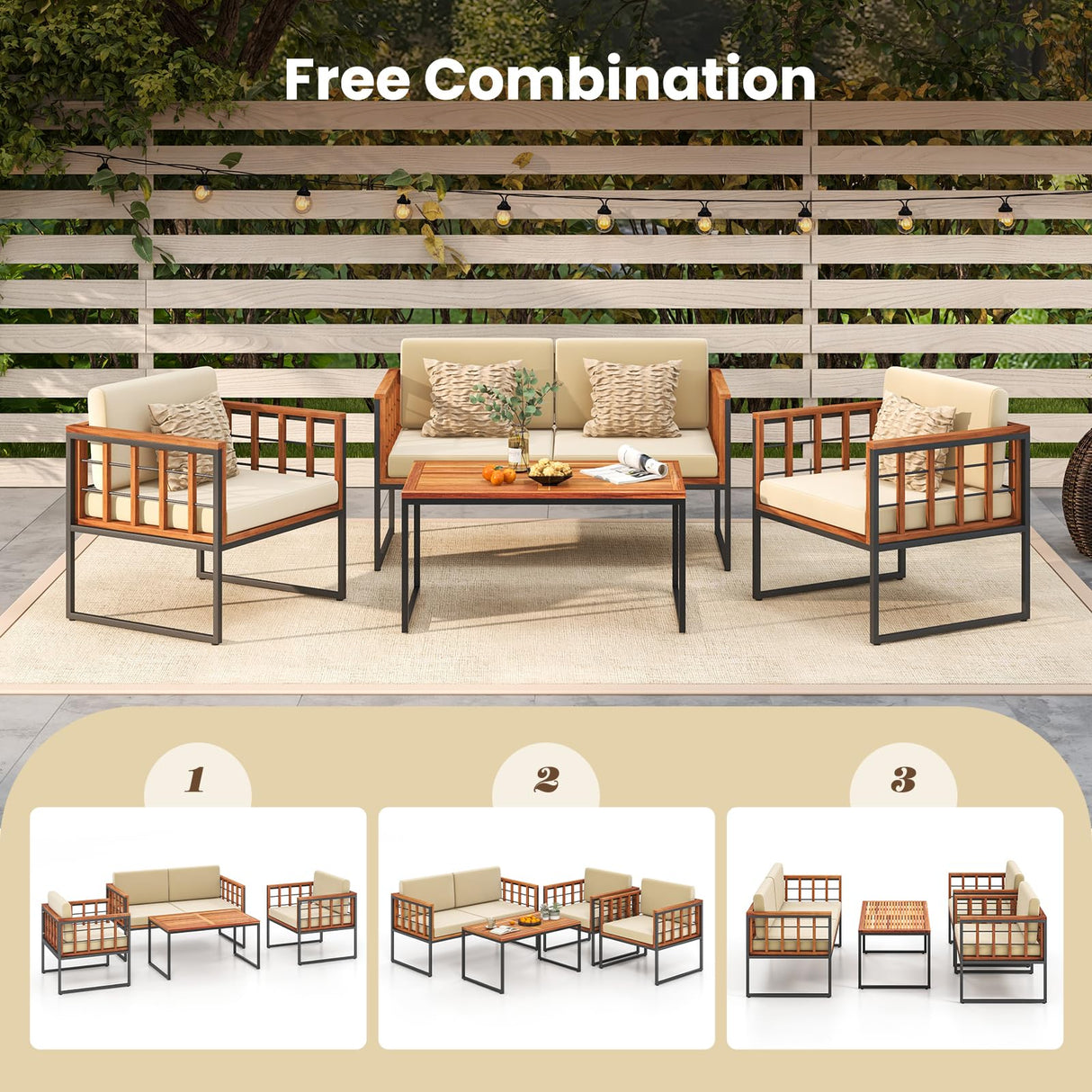 Tangkula Acacia Wood Outdoor Sofa Set, 4 Pieces Outdoor Furniture Set with Heavy Duty Metal Frame, Soft Seat & Back Cushions, for Balcony, Porch, Backyard or Poolside (1, Beige) Tangkula