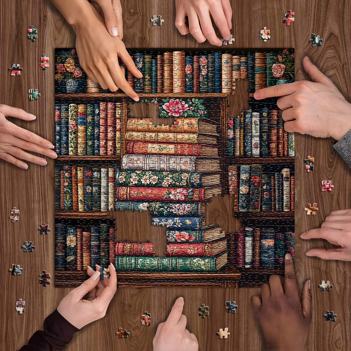 Vintage Bookshelf Puzzles for Adults 1000 Pieces, Book Flower Jigsaw Puzzle Bookshelf Library, Retro Aesthetic Puzzle Art, Difficult Challenging Hard Puzzle for Book Lovers PICKFORU