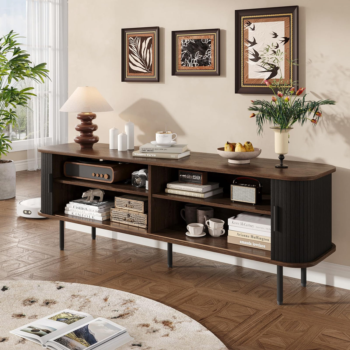 63" Modern Fluted TV Stand for TVs up to 75 Inch , Gaming Entertainment Center with Tambour Slatted Sliding Doors and Storage Cabinet, Media TV Consoles Table for Living Room, Office, Black FiveWillowise