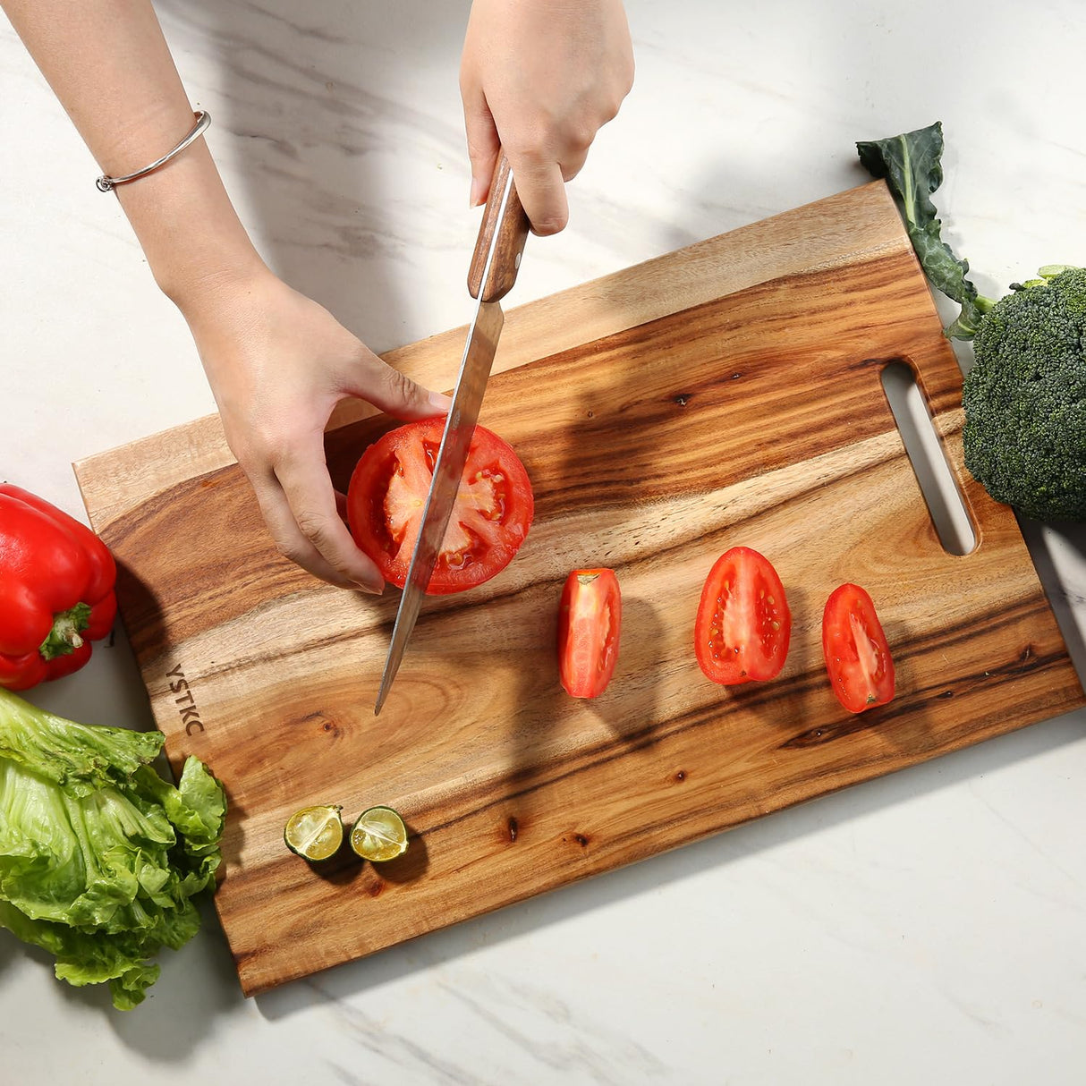 YSTKC Acacia Wood Cutting Board with Hand Grip 15" x 9.7" Inch, Wooden Reversible Chopping Board with Handle for Kitchen Meal Prep Serving, Chopping, YSTKC