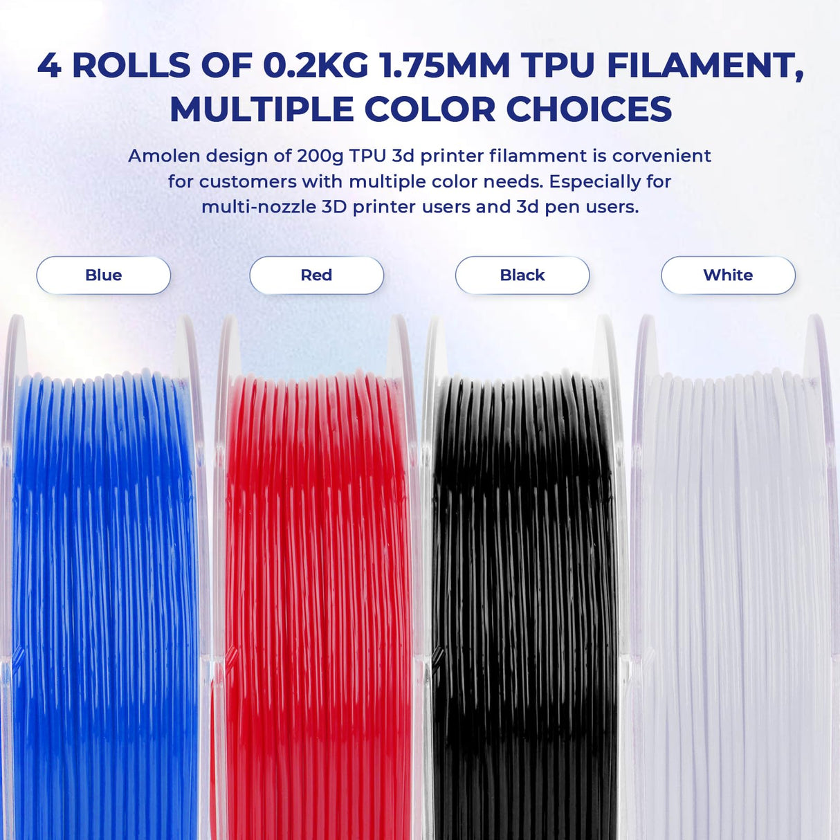 AMOLEN 3D Printer Filament, Flexible TPU Filament Bundle, 1.75mm TPU Filament Multicolor, Soft Filaments of High Elasticity, Supports High Speed, 200gX4 Spools(Black/White/Red/Blue) AMOLEN