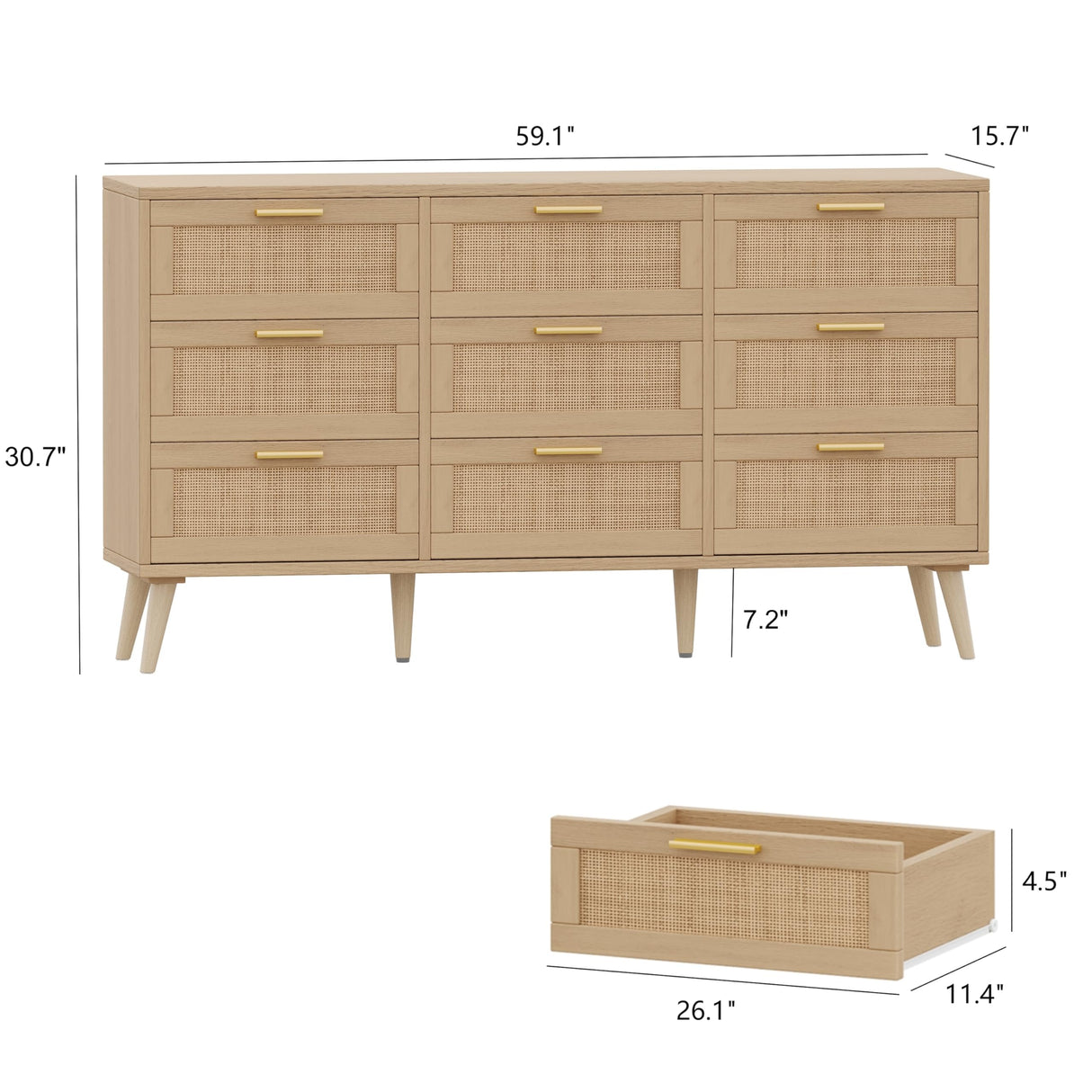 Rovaurx 9 Drawer Double Dresser for Bedroom, Rattan Chest of Dressers, Modern Wooden Dresser Chest with Golden Handles, Beside Table for Closet, Living Room and Entryway, Natural Rovaurx
