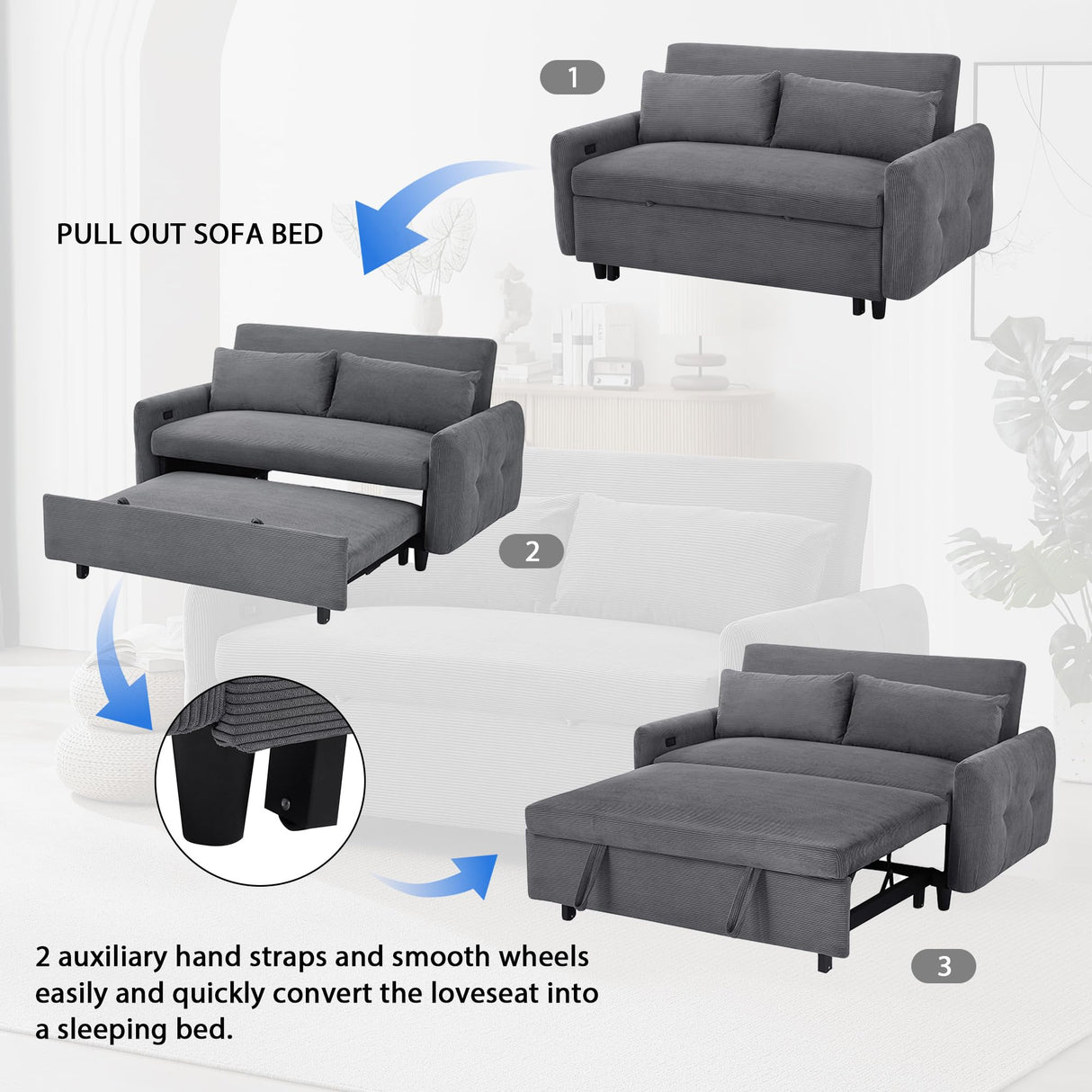 Merax Pull-Out Sofa Bed with Adjustable Backrest and Two Throw Pillows, 2 Seat Loveseat Lounge & Type C and USB Ports, 3 in 1 Convertible Sleeper Couch for Living Room, Dark Grey Merax
