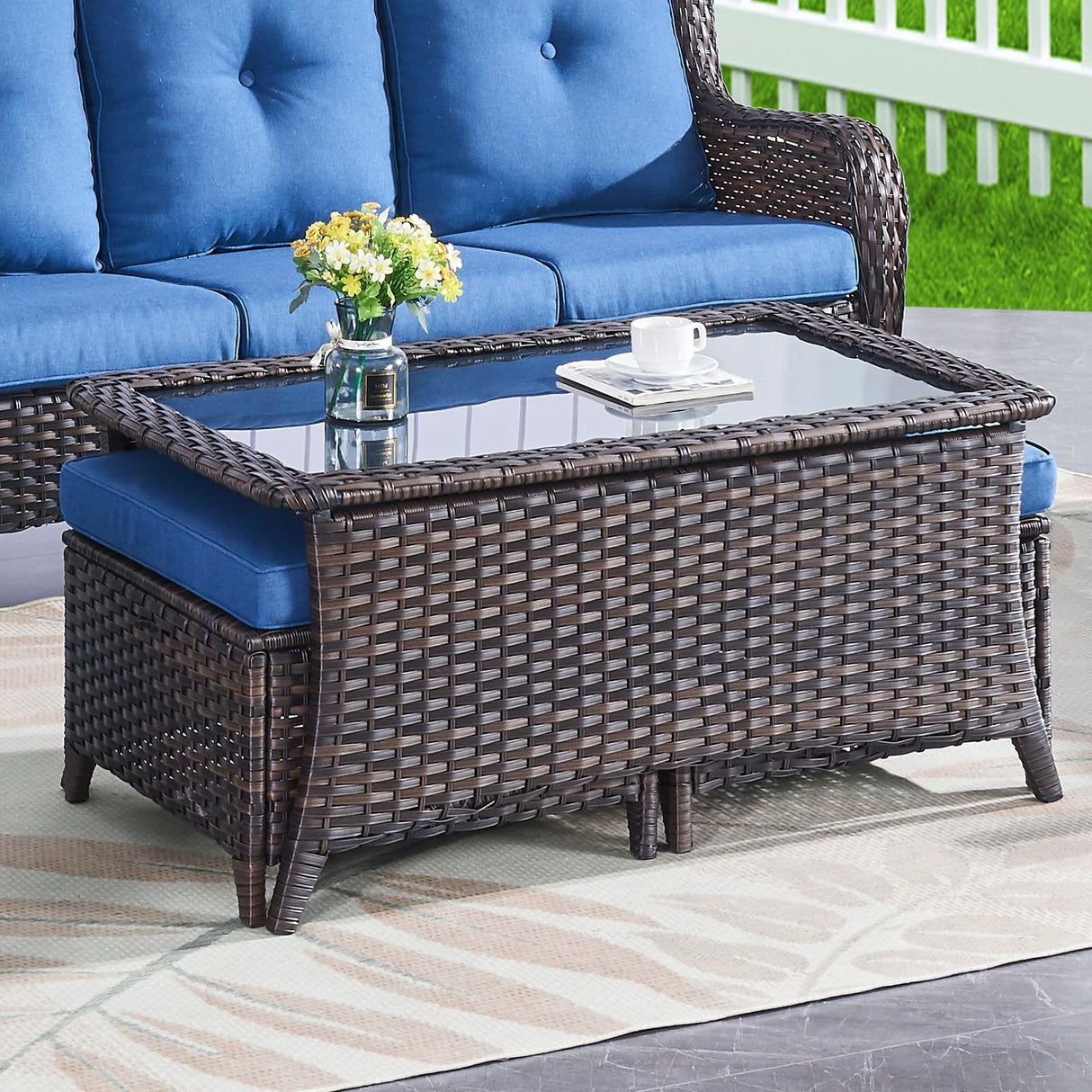 Belord Outdoor Coffee Table with Tempered Glass Top, Patio Rectangular Brown Wicker, Handwoven Rattan Coffee Table Compatible with Patio Furniture Sets for Porch Deck Backyard Belord