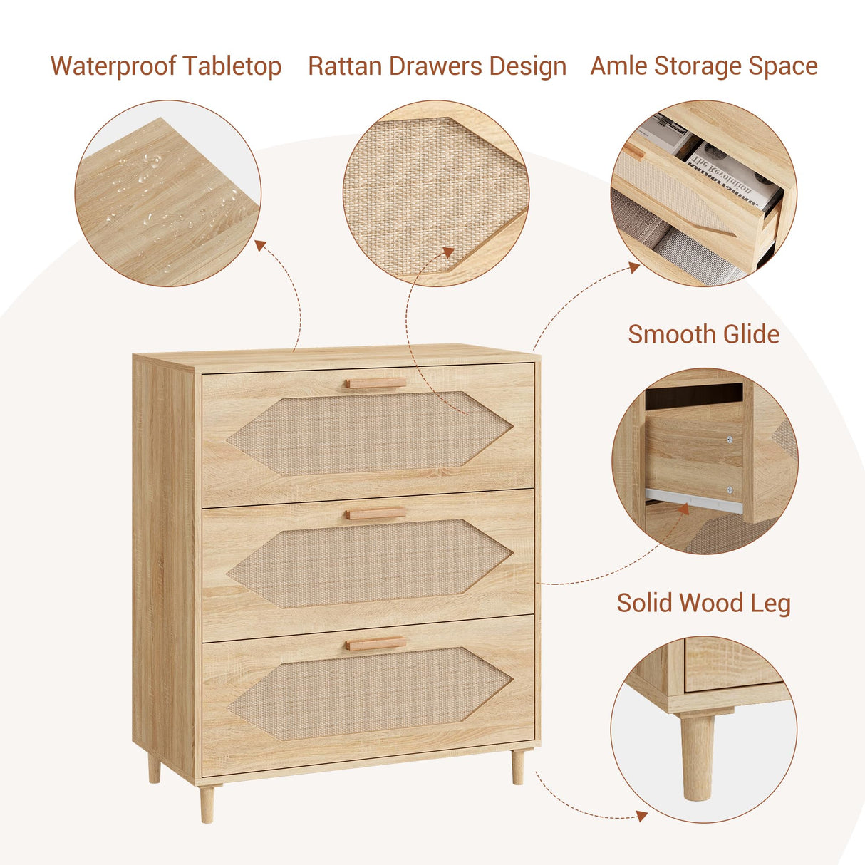 EliteEdge 31.5" Wide 3-Drawer Dresser with Rattan Fronts, Modern Wood Oak Chest of Drawers for Bedroom Closet Storage, Natural Wood Organizer for Kids Room, Hallway and Living Room Decor EliteEdge