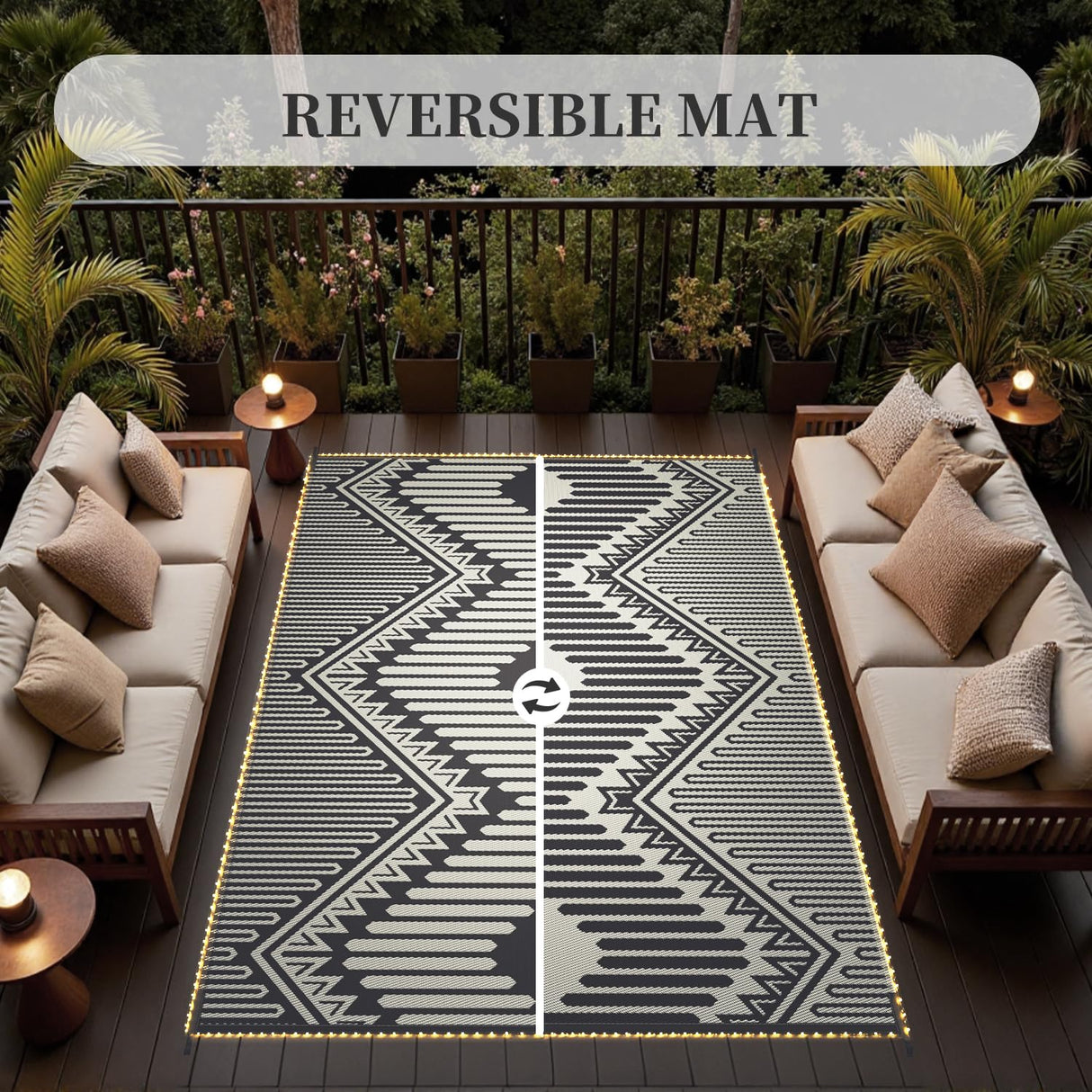 MontVoo Outdoor Rug with Led String Strip Lights 6x9 ft Waterproof Outdoor Patio Rug Mat Reversible Plastic Straw Rug Outside Outdoor Rug for RV Camping Picnic Balcony Fairy Boho Outdoor Decor MontVoo