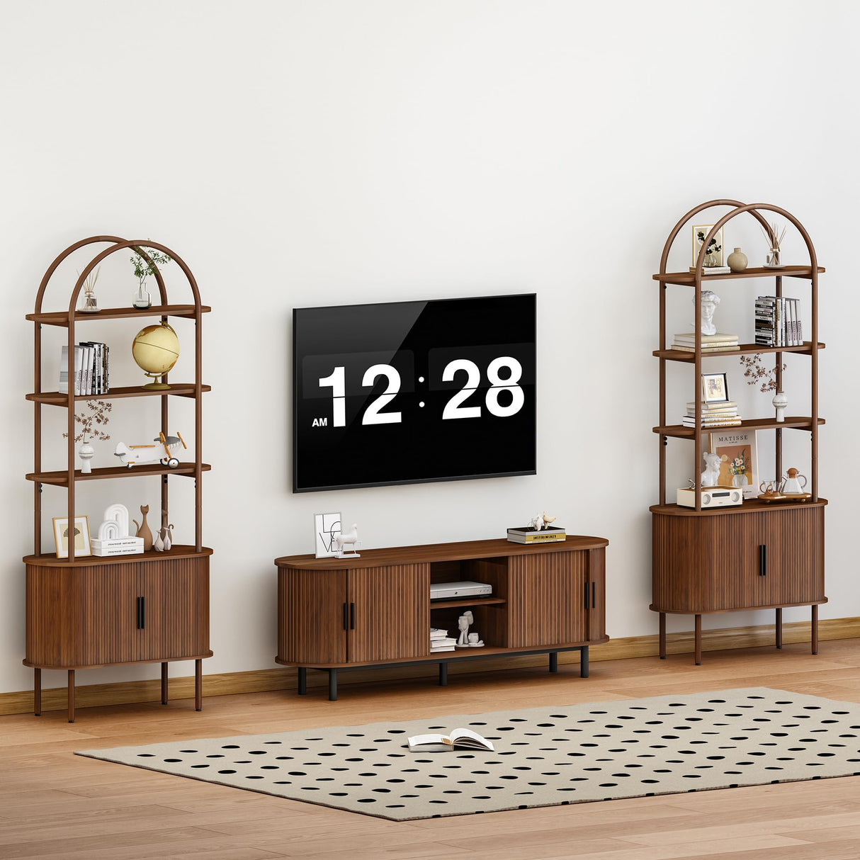 Turtle&Myrtle Tall Arched Bookshelf, Mid Century Modern Fluted Bookcase Cabinet with Sliding Doors, Curved Metal Frame Bookcase, Industrial Storage Display Shelving for Living Room, Bedroom (Walnut) Turtle&Myrtle