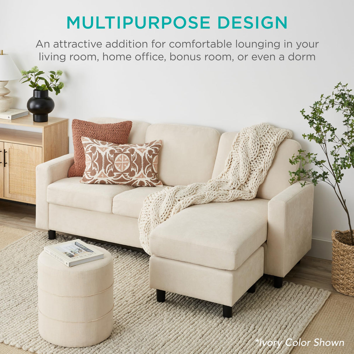 Best Choice Products Upholstered Sectional Sofa for Home, Apartment, Dorm, Bonus Room, Compact Spaces w/Chaise Lounge, 3-Seat, L-Shape Design, Reversible Ottoman Bench, 680lb Capacity - Light Gray Best Choice Products