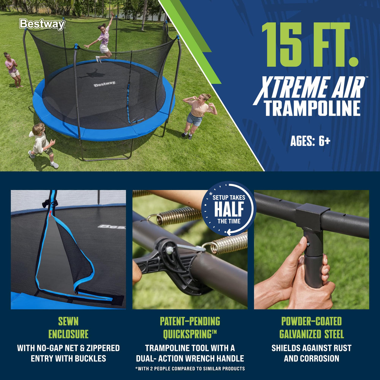 Bestway Xtreme Air 15 FT Outdoor Trampoline for Kids and Adults, No-Gap Security Enclosure Net, Foam-Padded Poles, Fast & Easy Assembly, ASTM Approved Bestway