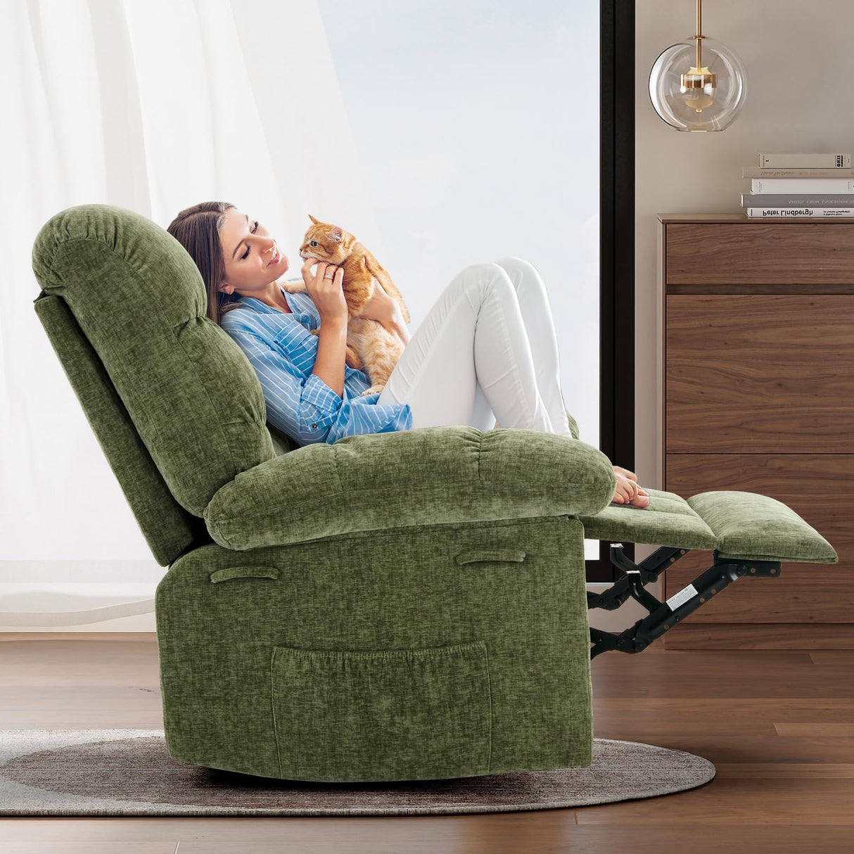 CheerAmenit 360° Swivel & Rocking Recliner Chair, Green Fabric Upholstered Glider with Side Storage Pockets, Sturdy Q235 Steel Frame Single Sofa for Living Room, Nursery, Small Apartments CheerAmenit