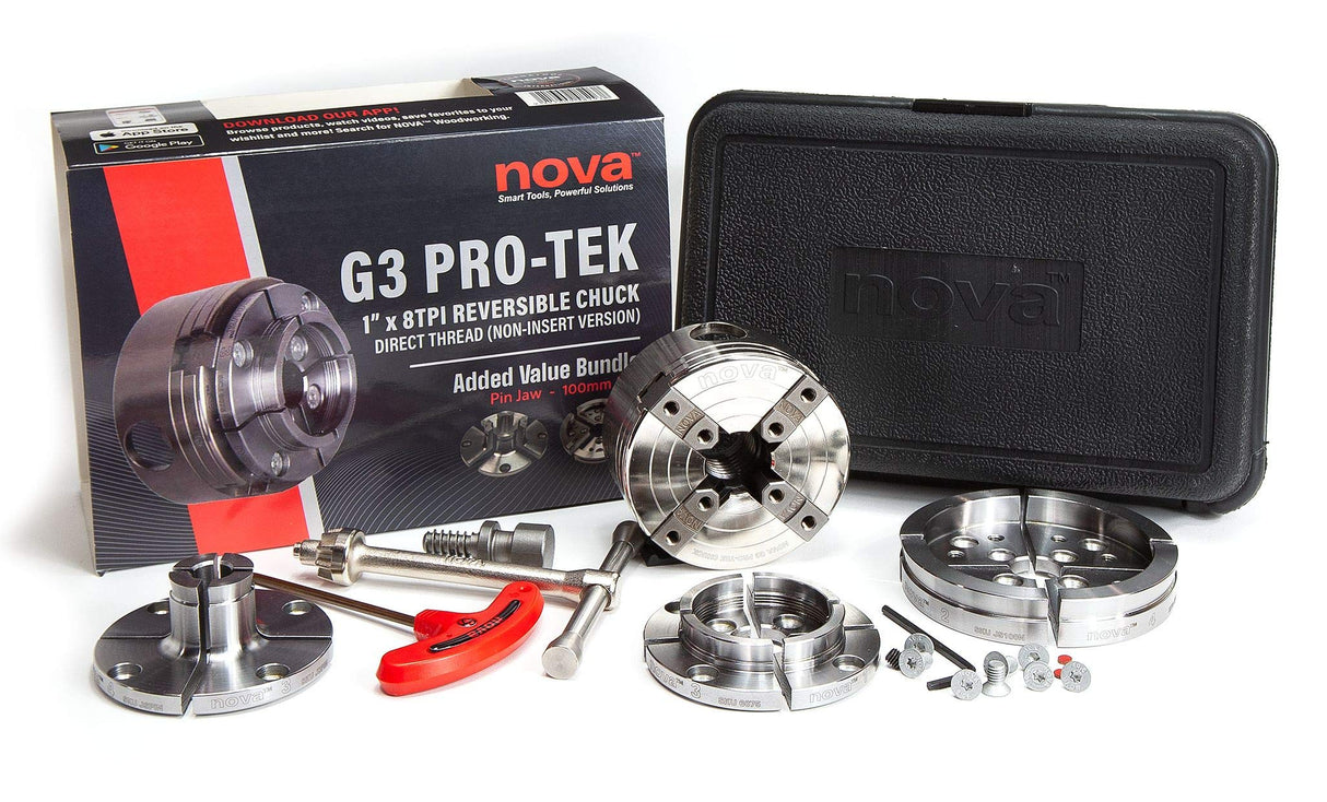 NOVA 48293 PREMIER PRO-TEK G3 Wood Lathe Chuck Bundle with 2" PRO-TEK Jaw Set, JSPIN 1" Pin Jaw Set, JS100N 4" Bowl Jaw Set, Woodworm Screw & Storage Case. 1"x 8 TPI Only (Does Not Use Inserts) Nova