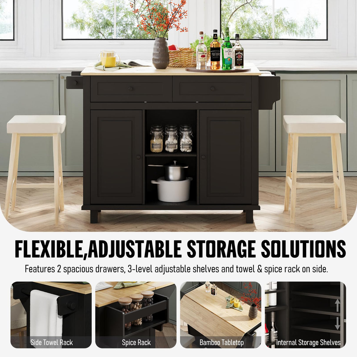 Coolove Kitchen Island with Storage on Wheels, 53" Large Rolling Kitchen Island with Drop Leaf, Mobile Kitchen Islands Cart with 2 Drawers, Bamboo Countertop Islands Table with Towel Spice Rack, Black Coolove