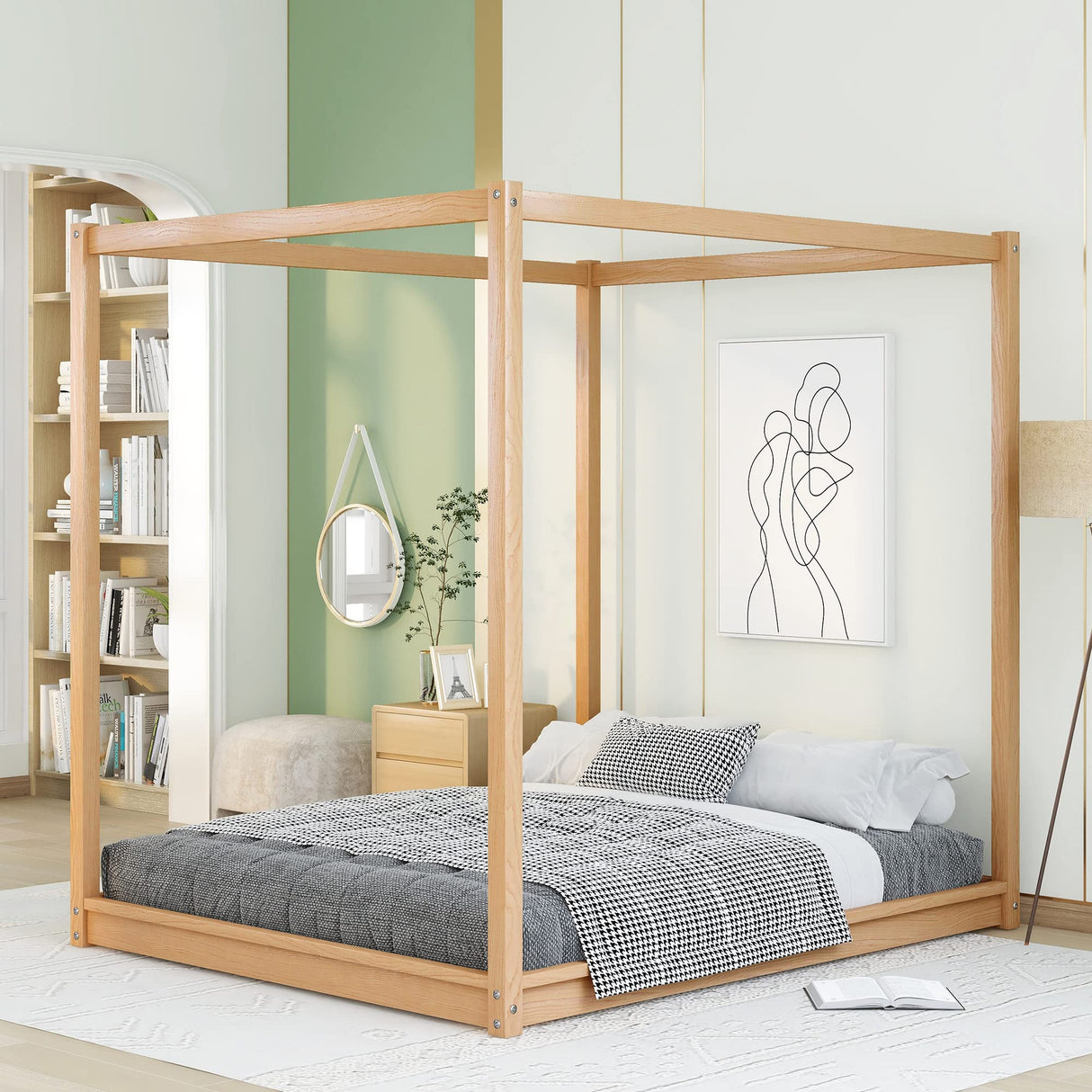 Merax Modern Queen Size Wood Canopy Bed Floor Platform Bed Frame/No Box Spring Needed/Easy Assembly, Nutural Merax