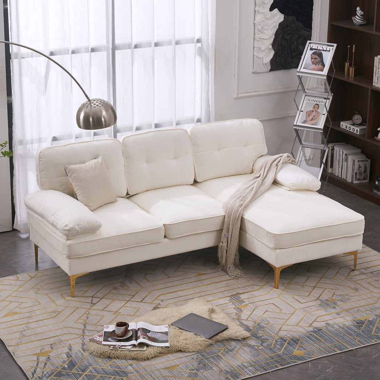 Karl home Sectional Sofa 83" L-Shape Sofa Couch 3-Seat Couch with Chaise ChenilleFabric Upholstered for Living Room, Apartment, Office, Creamy-White Karl home