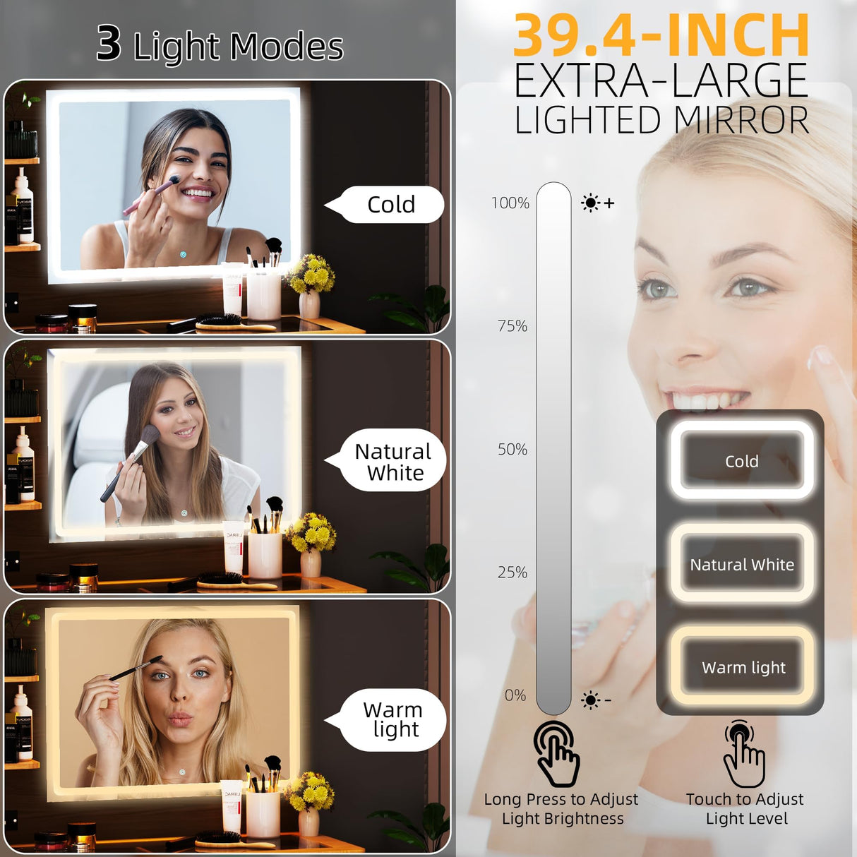 Galasil Fluted Make Up Vanity Desk with Mirror and Lights Chair,Wooden Vanities Desk with Glass top,Oak Vanity, Adjustable Side Cabinet,Modern Dressing Table Set w/Charging Station for Bedroom galasily