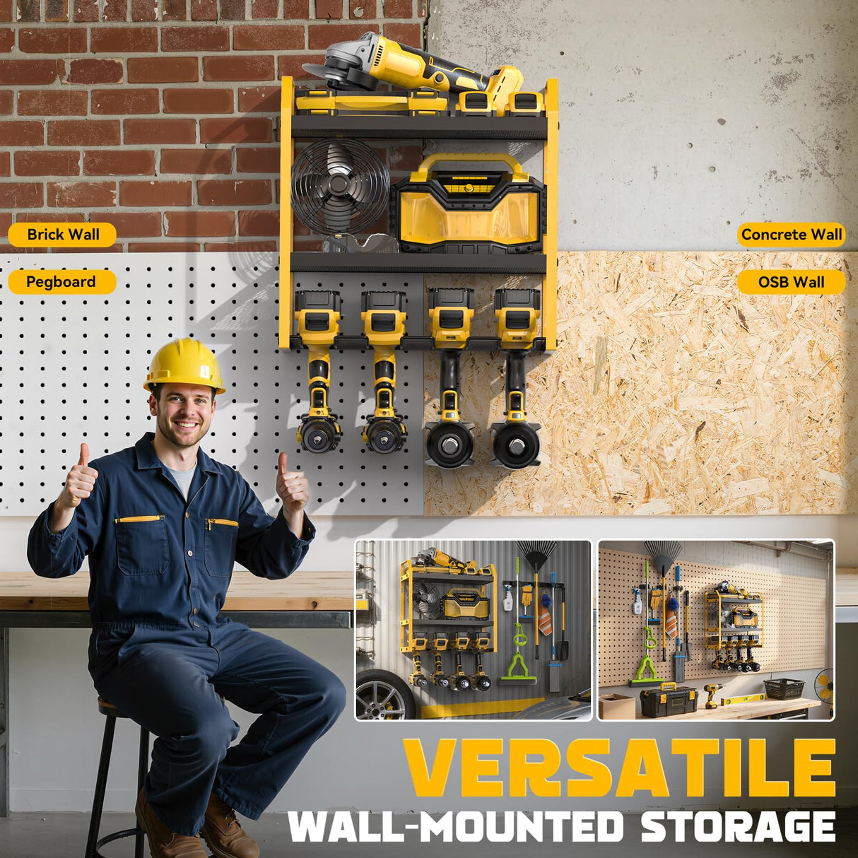 Ferreteriai Power Tool Organizer Wall Mount with Broom Holder Combo, Yellow & Black 3-Tier Garage Storage Rack with Battery Storage, 4 Drill Holder Slots, Heavy Duty Steel 150LB Capacity Ferreteriai