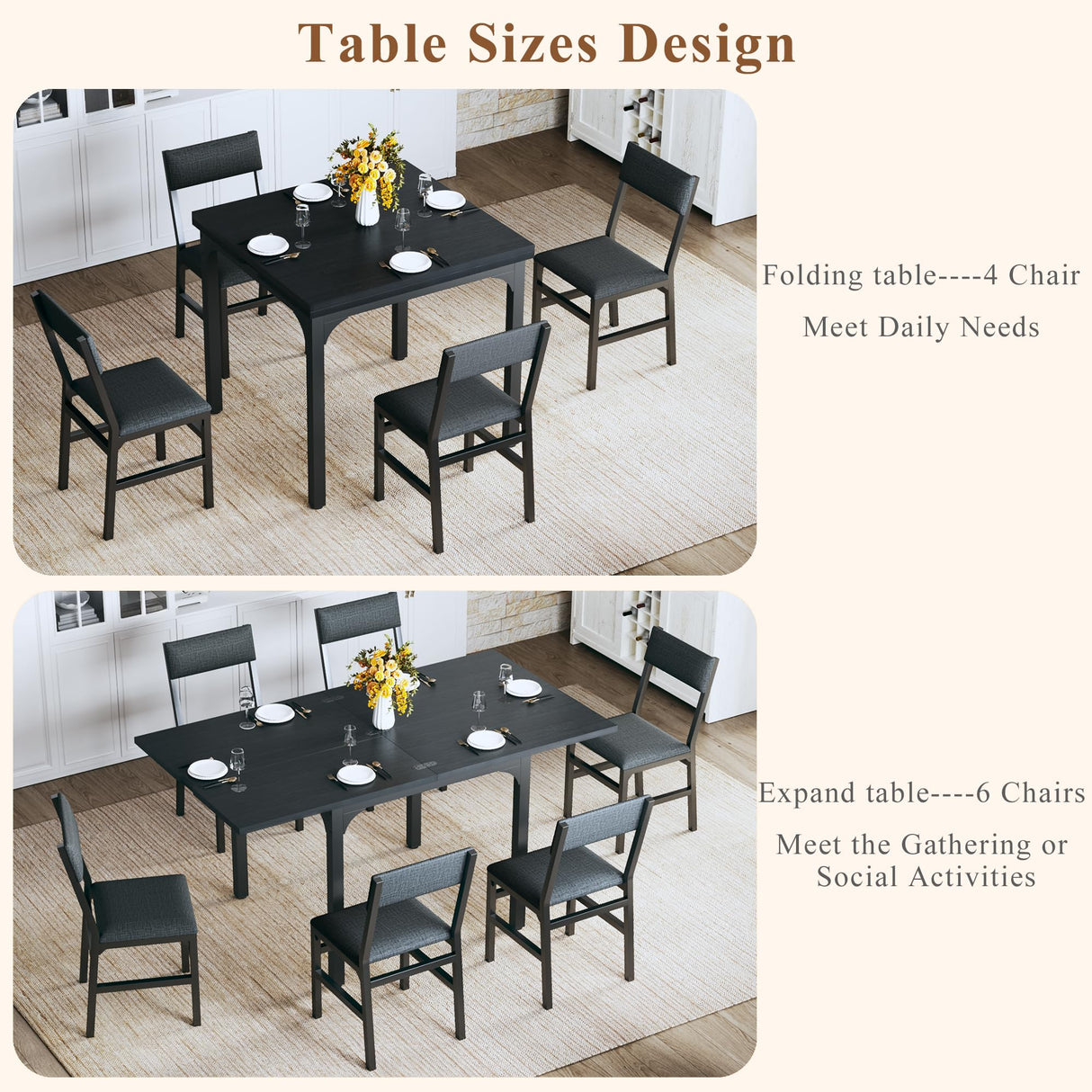 7-Piece Dining Table Set for 4-6, Extendable Kitchen Table Cushion Chairs Set of 6 with 6 Chairs, Rectangle Dining Table with Metal Frame & MDF Board, Folding for Small Apartment Saving Space, Black HUAHUU