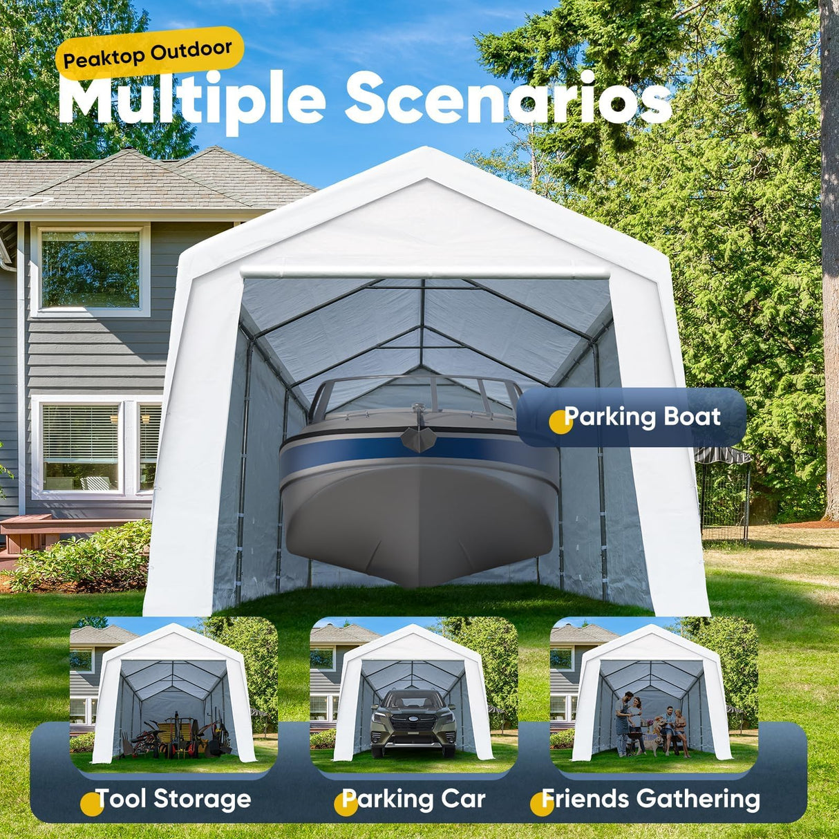 PEAKTOP OUTDOOR 12x20 ft Heavy Duty Carport, Portable Car Canopy, Garage Tent, Boat Shelter with Reinforced Triangular Beams and Ground Bar, Removable Sidewall & Zipper Doors, White PEAKTOP OUTDOOR