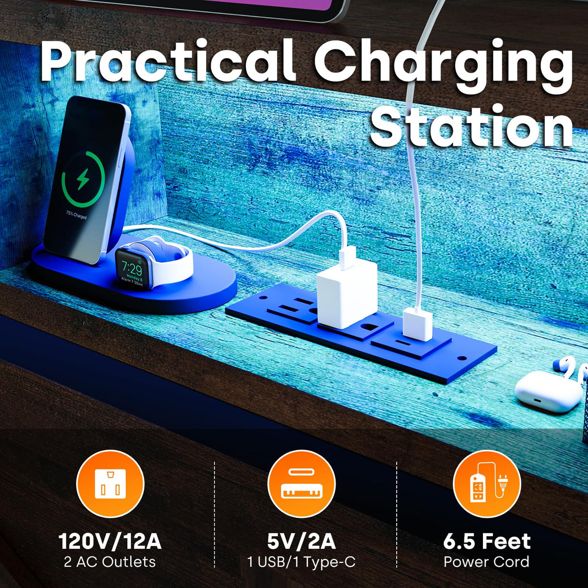 Incyneva Farmhouse Queen Bed Frame with Bookcase Storage Headboard, Charging Station, LED Light and 2 Storage Drawers, Noise Free, No Box Spring Needed, Brown Incyneva