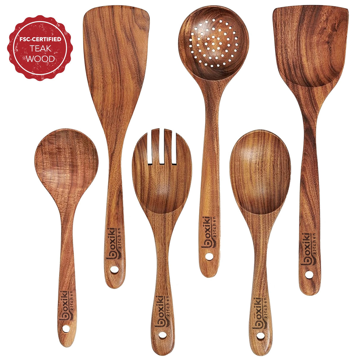 Luxury Teak Wood Utensil Set - Elegant 6-Piece Cooking Ensemble Including Spoons, Server, Scraper & Spatula - Expertly Crafted for Culinary Excellence Boxiki Kitchen