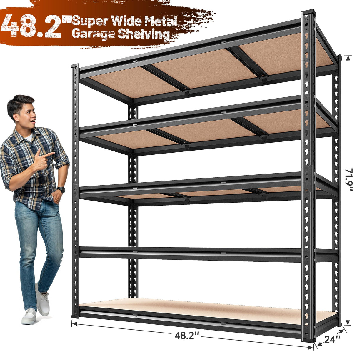 REIBII 48.2" W Garage Shelving, Storage Shelves Load 3000LBS, Adjustable Garage Shelving Heavy Duty for Pantry, Basement, Warehouse, 48.2" W X 71.9" H X 24" D, Black REIBII