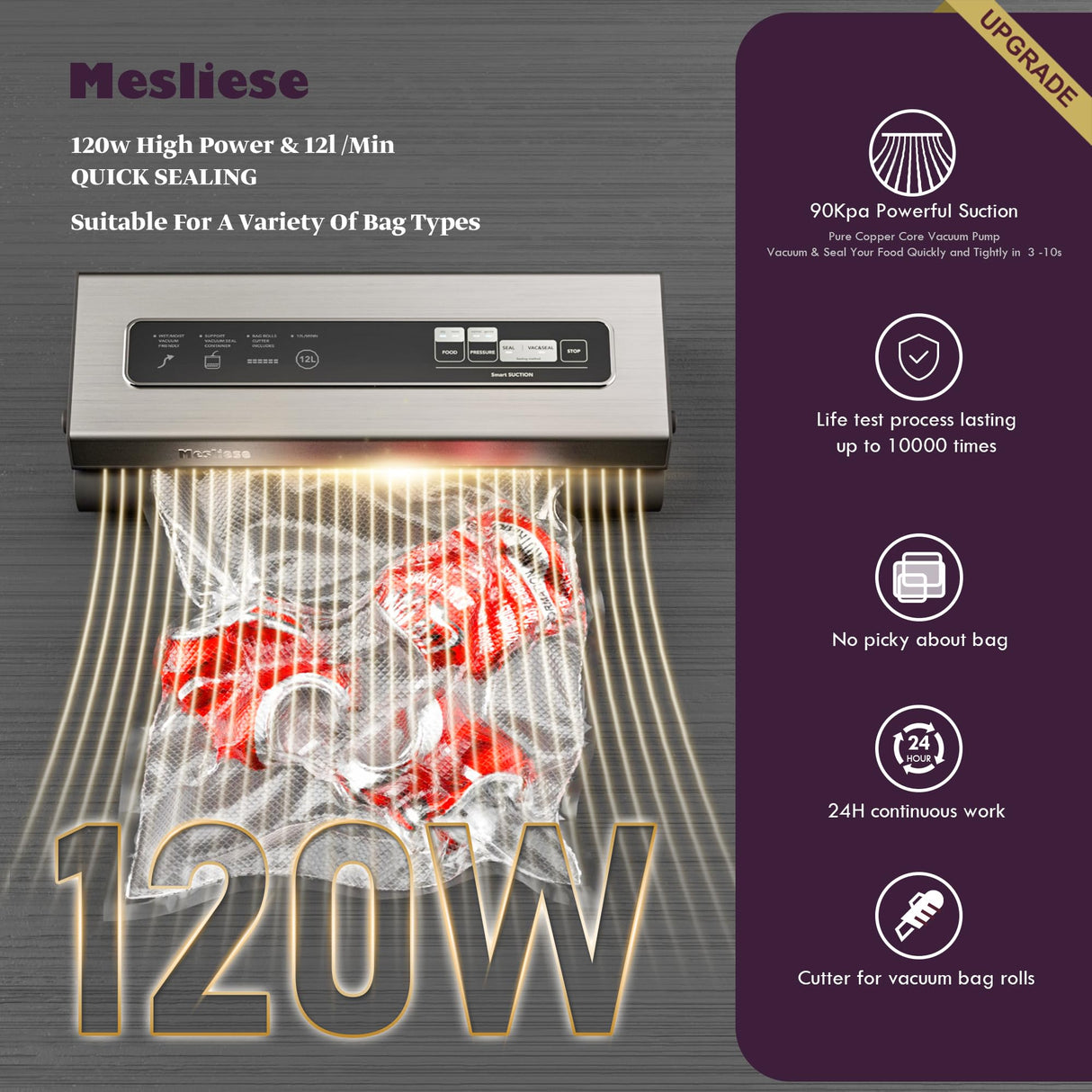 Mesliese Vacuum Sealer Machine Powerful 90Kpa Precision 6-in-1 Compact Food Preservation System with Cutter, 2 Bag Rolls & 5 Pre-cut Bags, Widened 12mm Sealing Strip, Dry&Moist Modes (Silver) Mesliese