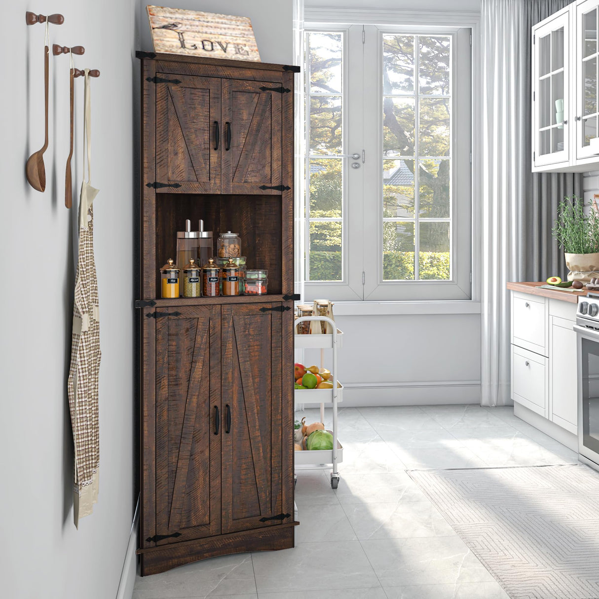 Hlivelood 68" Tall Farmhouse Corner Cabinet, 5-Tier Storage Cabinet with 4 Barn Doors & Adjustable Shelves, Bathroom Cabinet with Storage for Living Room, Kitchen, Bathroom, Brown Hlivelood